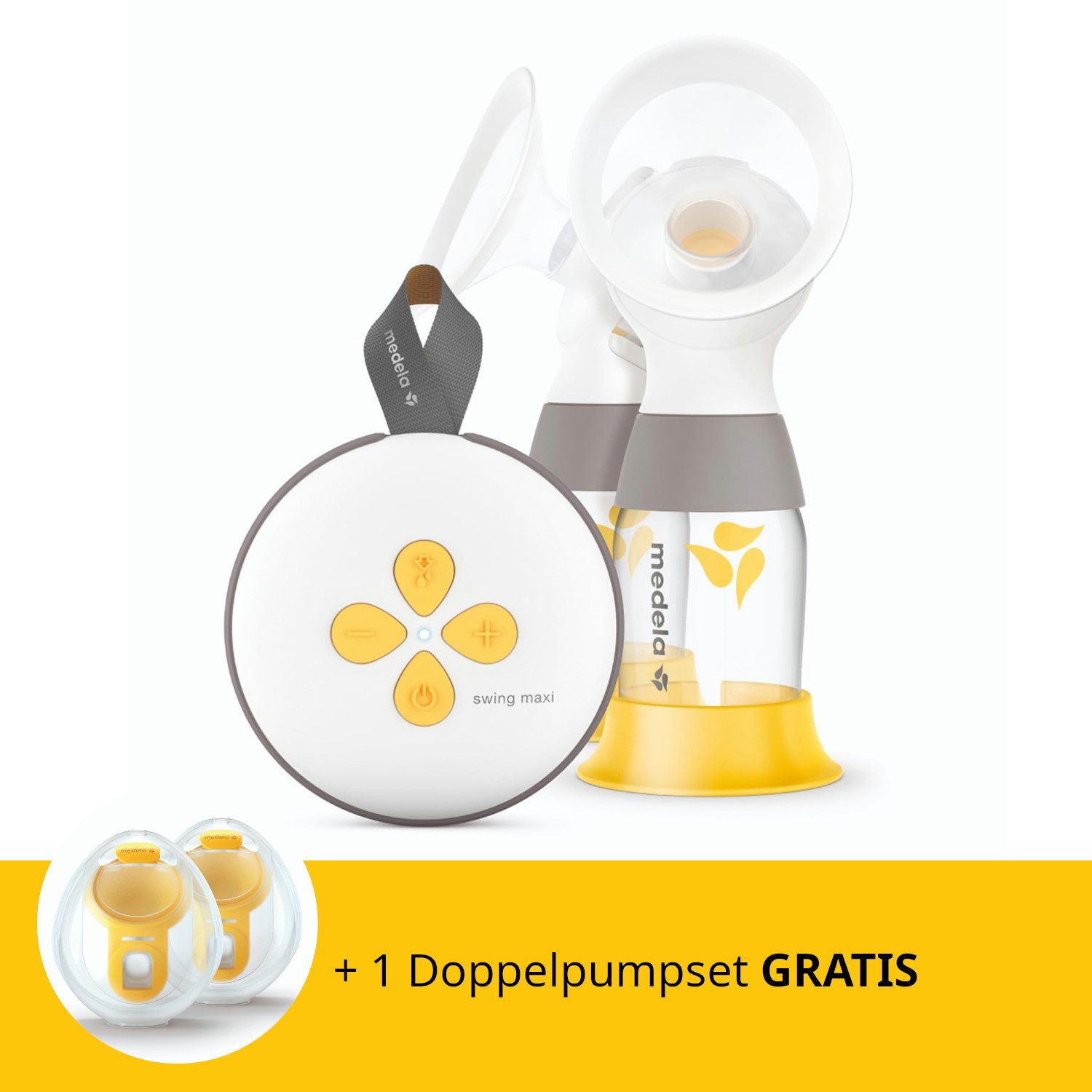 MEDELA Elektrische Doppelmilchpumpe SWING MAXI + Gratis-Set eins nutzen, eins spülen, Spar-Set, Einfaches Abpumpen und Füttern / Natural Motion Technologie