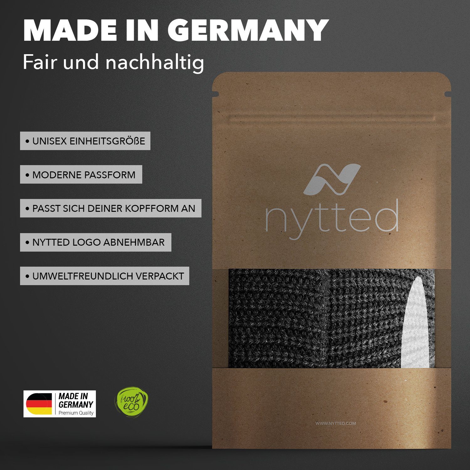 100% NYTTED® Strickmütze Wolle anthrazit Mütze- - - Made in kurze Germany UNISEX - Costeau