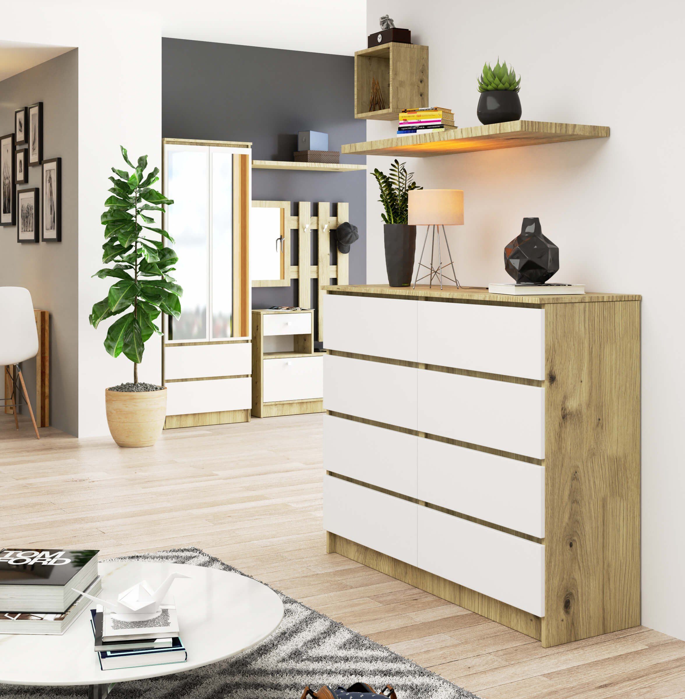 Raumhirsch Furniture Kommode mit 8 Schubladen 120 cm breit Holz Schrank, Highboard / Kommode 120 cm, Sideboard Organizer für jeden Raum