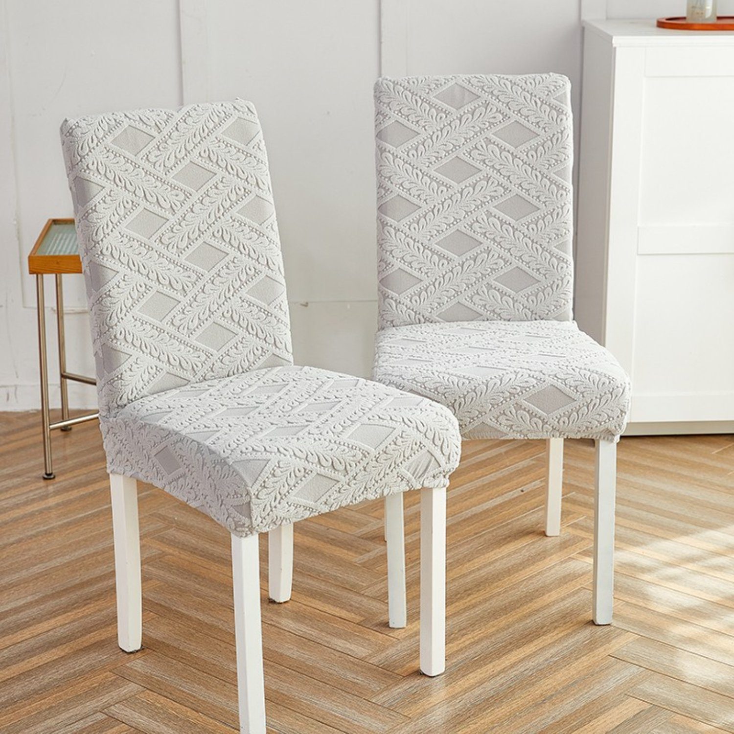 Stuhlhusse, Stretch-Jacquard, Hellgrau Rattan-Muster Stuhlschutz HOMEIDEAS,