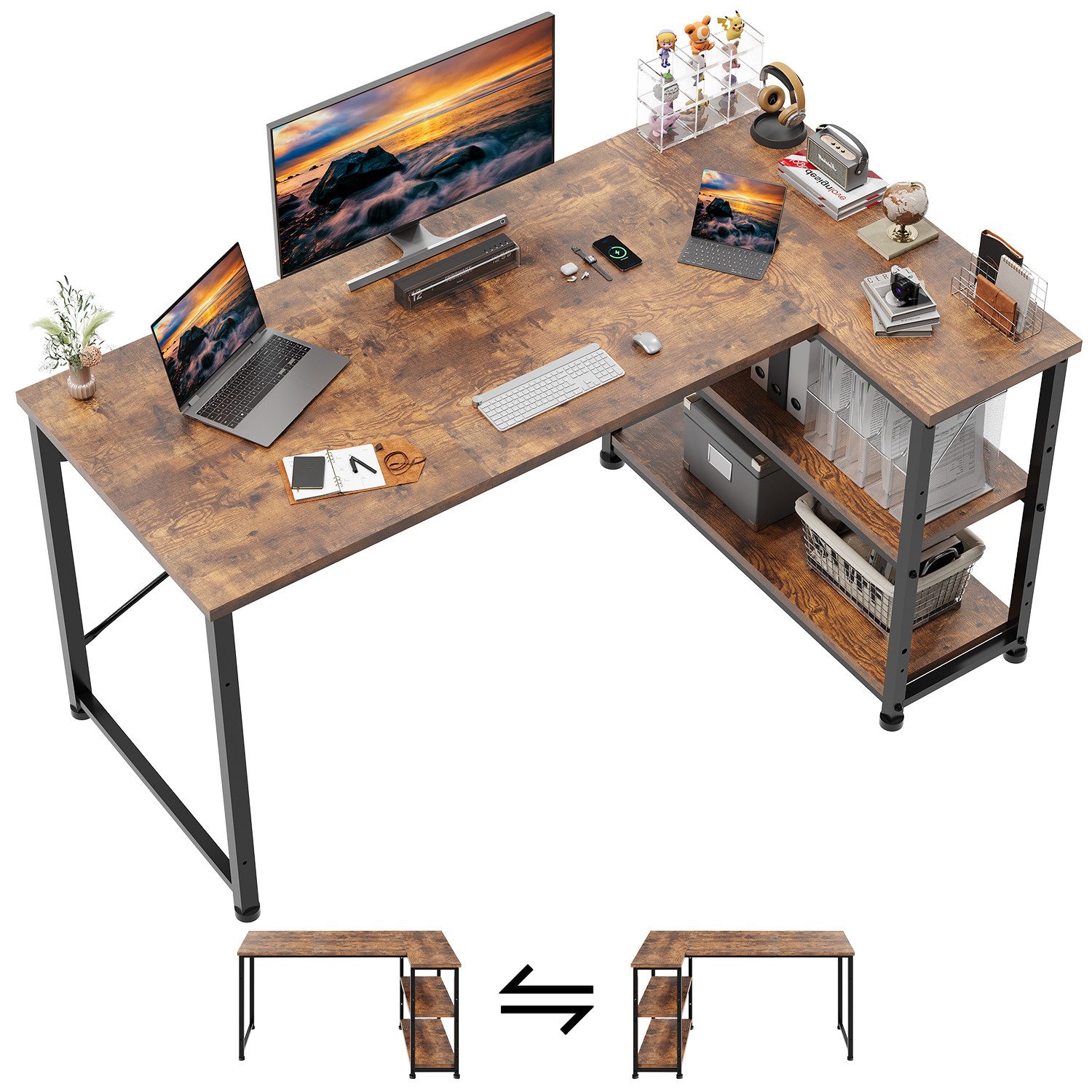 GUNJI Eckschreibtisch Eckschreibtisch Umkehrbarer L-förmiger Computer schreibtisch mit Hutch (Schreibtisch mit verstellbaren Regalen)