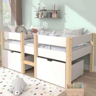 WISHDOR Kinderbett Kinder Bett Jugendbett Kinderhaus Holzbett Massivholzbett 90x200 cm (mit Lattenrost 2 großen Schubladen und Rausfallschutz aus Kiefer Holz), Massivholz, ohne Matratze, Weiß & Eiche