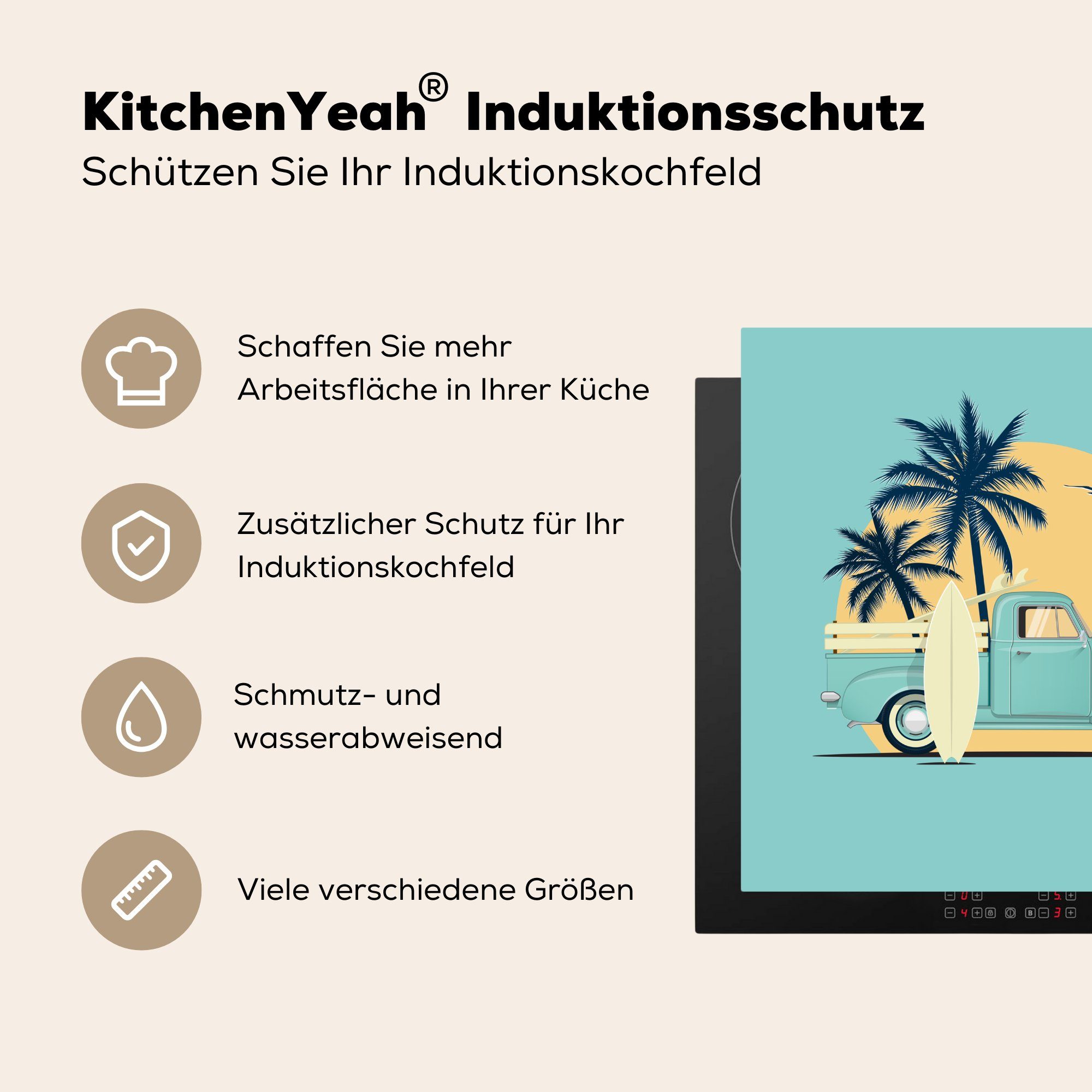 MuchoWow Herdblende-/Abdeckplatte Auto - Sonne Ceranfeldabdeckung, Surfbrett tlg), Arbeitsplatte für cm, küche 78x78 (1 Vinyl, - - Zeichnung