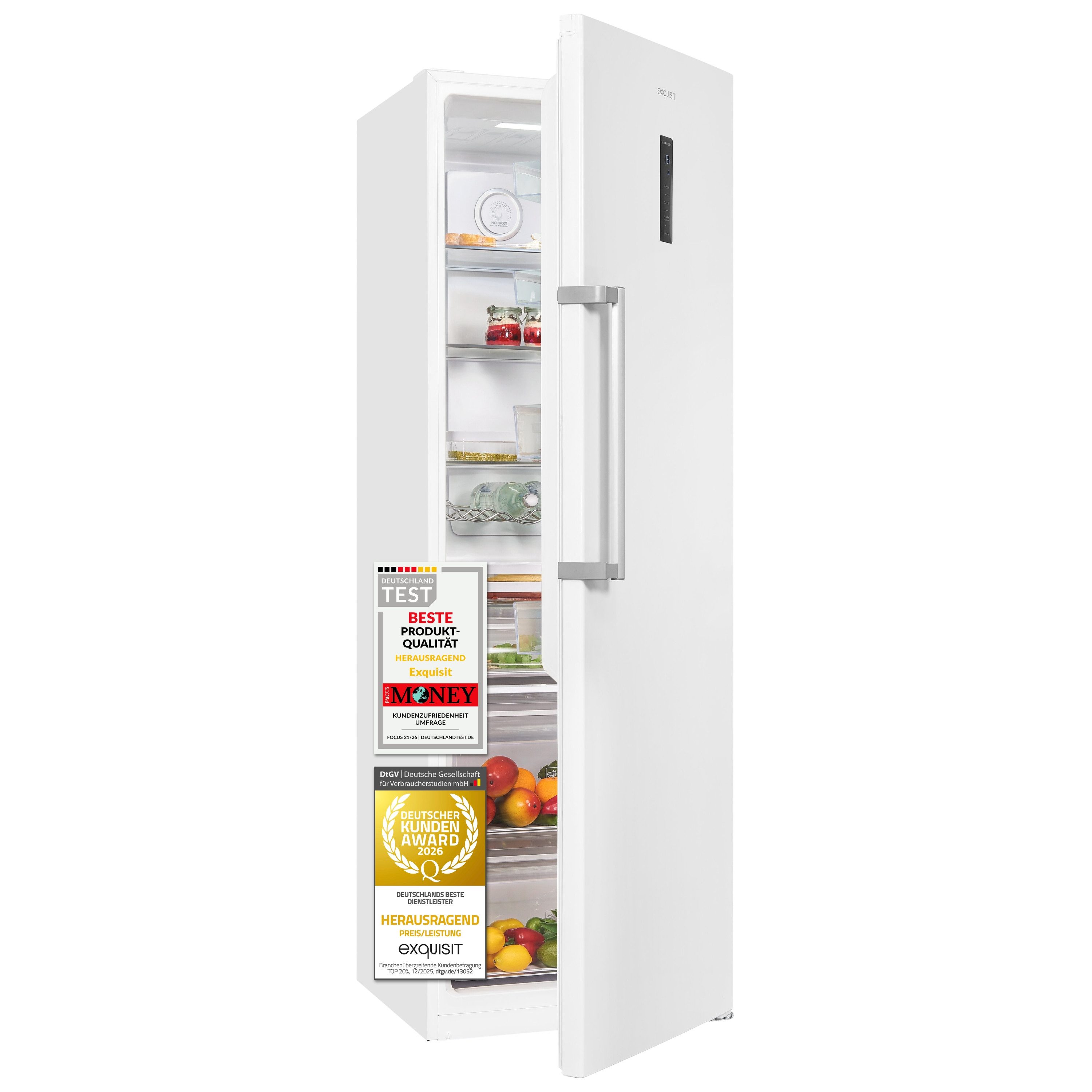 exquisit Vollraumkühlschrank KS5360-V-HE-040C inoxlook, 185 cm hoch, 60 cm breit, 359 l Nutzinhalt, LED Beleuchtung, 4 Ablagen, Energieklasse C