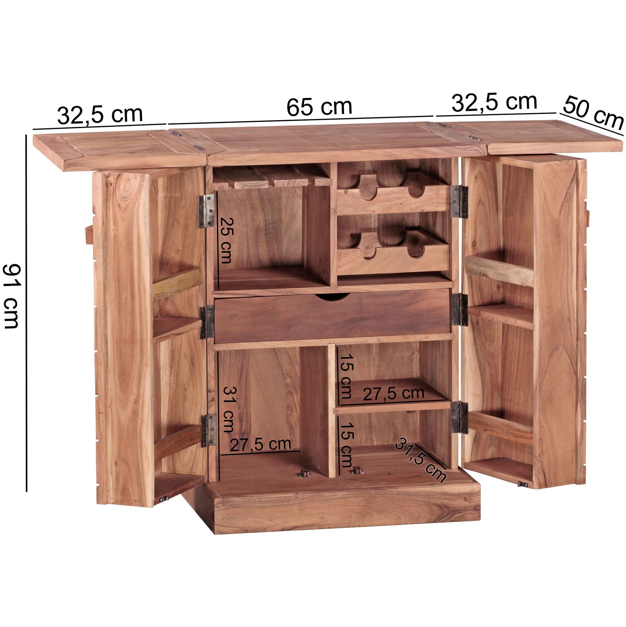 FINEBUY Barschrank SuVa3510_1 Hausbar Massivholz Weinbar Weinschrank Kleiner Barschrank (Weinbar Ausklappbar, Barschrank, Kleine Bar Buffet) Hausbar Akazie Massivholz 65x91x50 cm mit Türen
