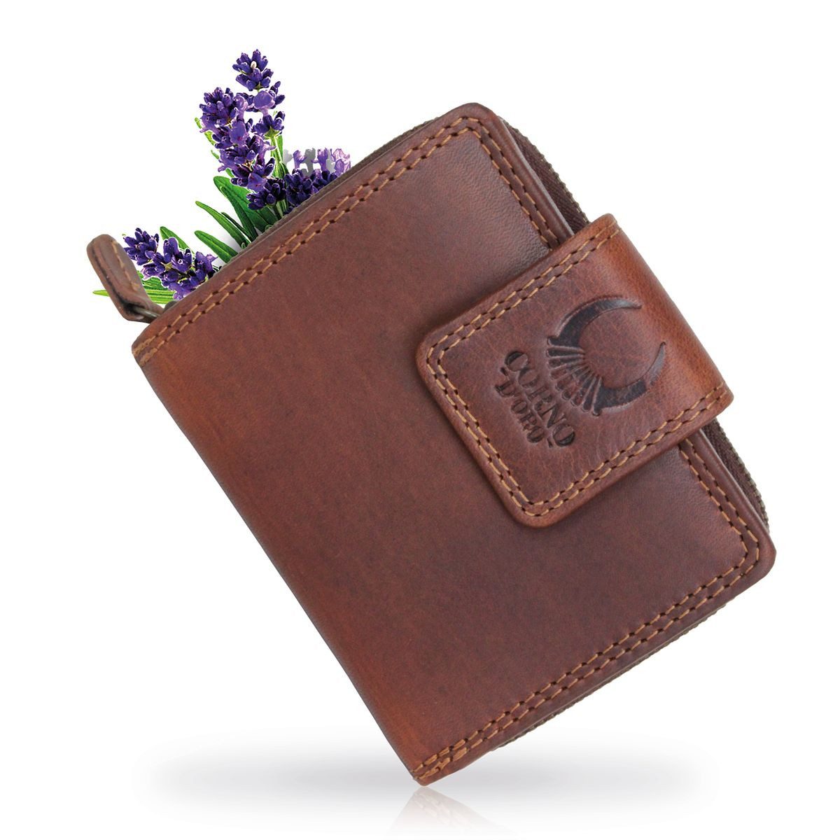 Corno d´Oro Geldbörse Damen Echt Leder klein Handmade Portemonnaie Braun Vintage, kleiner Geldbeutel für 6 Karten mit RFID Schutz und Geschenkkarton