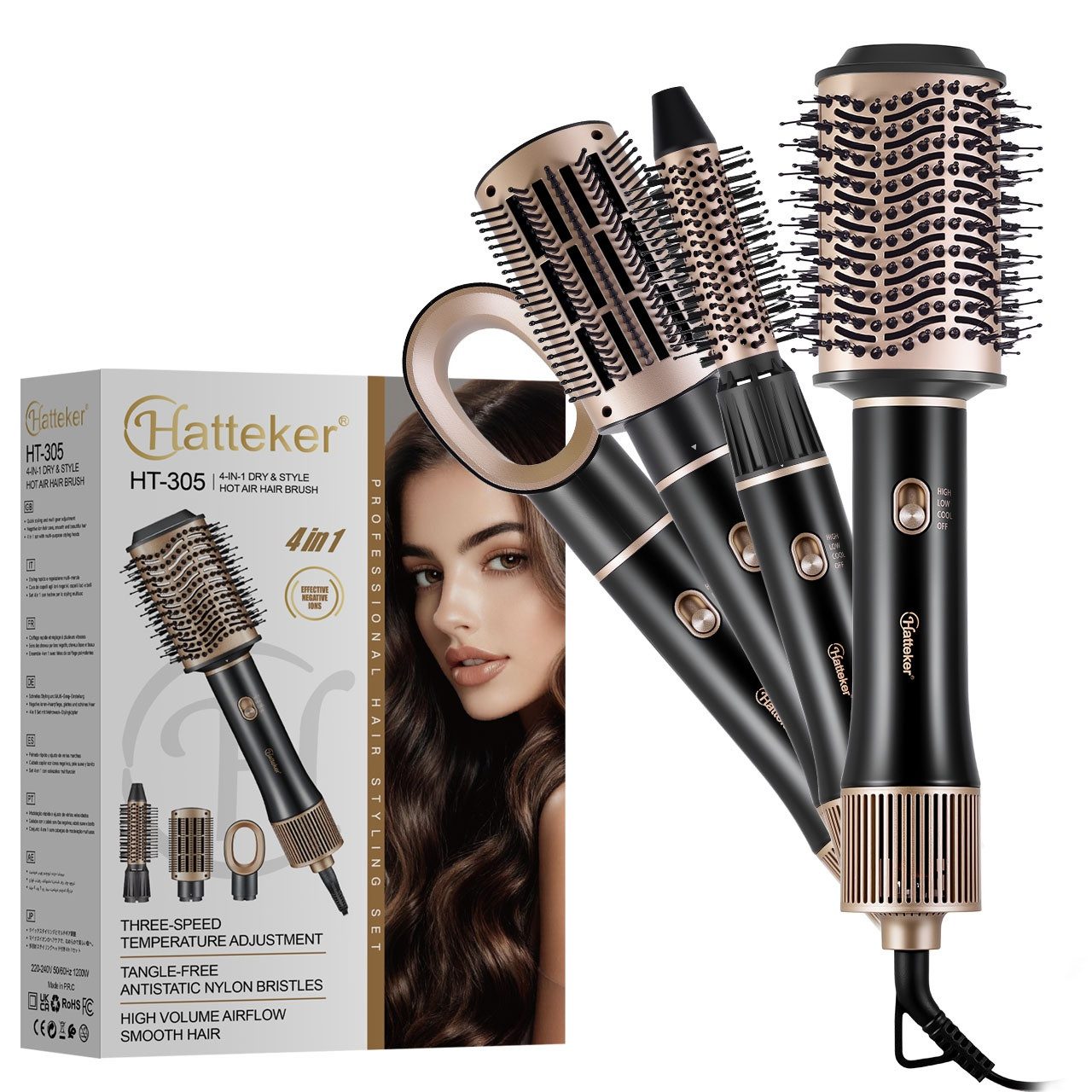 HATTEKER Warmluftbürste 4-in-1 HT-305, Multihaarstyler, Ionen-Technologie, 3 Temperaturstufen, Volumenbürste
