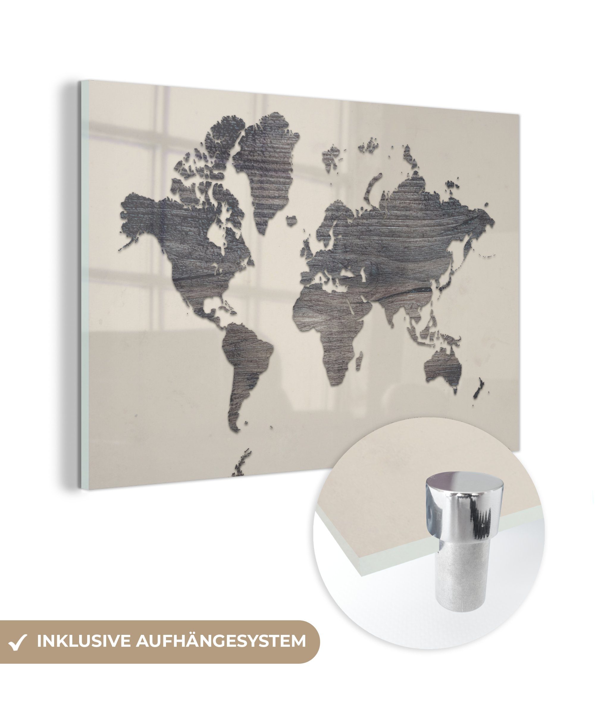 MuchoWow Acrylglasbild Weltkarte - Grau - Holz, (1 St), Glasbilder - Bilder auf Glas Wandbild - Foto auf Glas - Wanddekoration