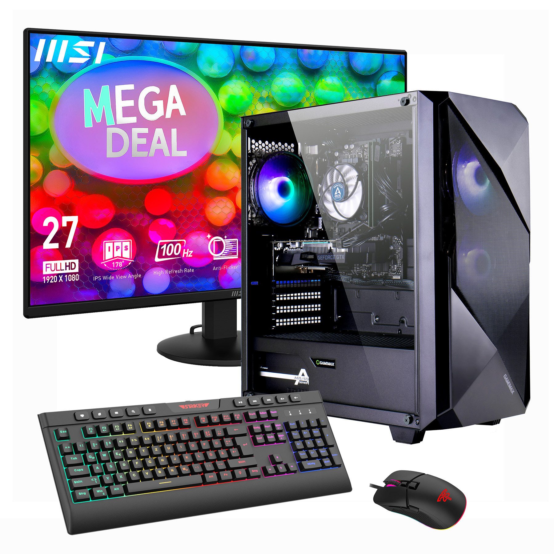 GAMEMAX MegaDeal Striker 2808 AMD Ryzen 7 5700X 32GB 1TB SSD RTX 5060Ti Gaming-PC-Komplettsystem (27", AMD Ryzen 7 5700X, RTX 5060 Ti, 32 GB RAM, 1000 GB SSD, Windows 11 + MSI PRO MP272L LCD-Monitor, 68,6cm (27)