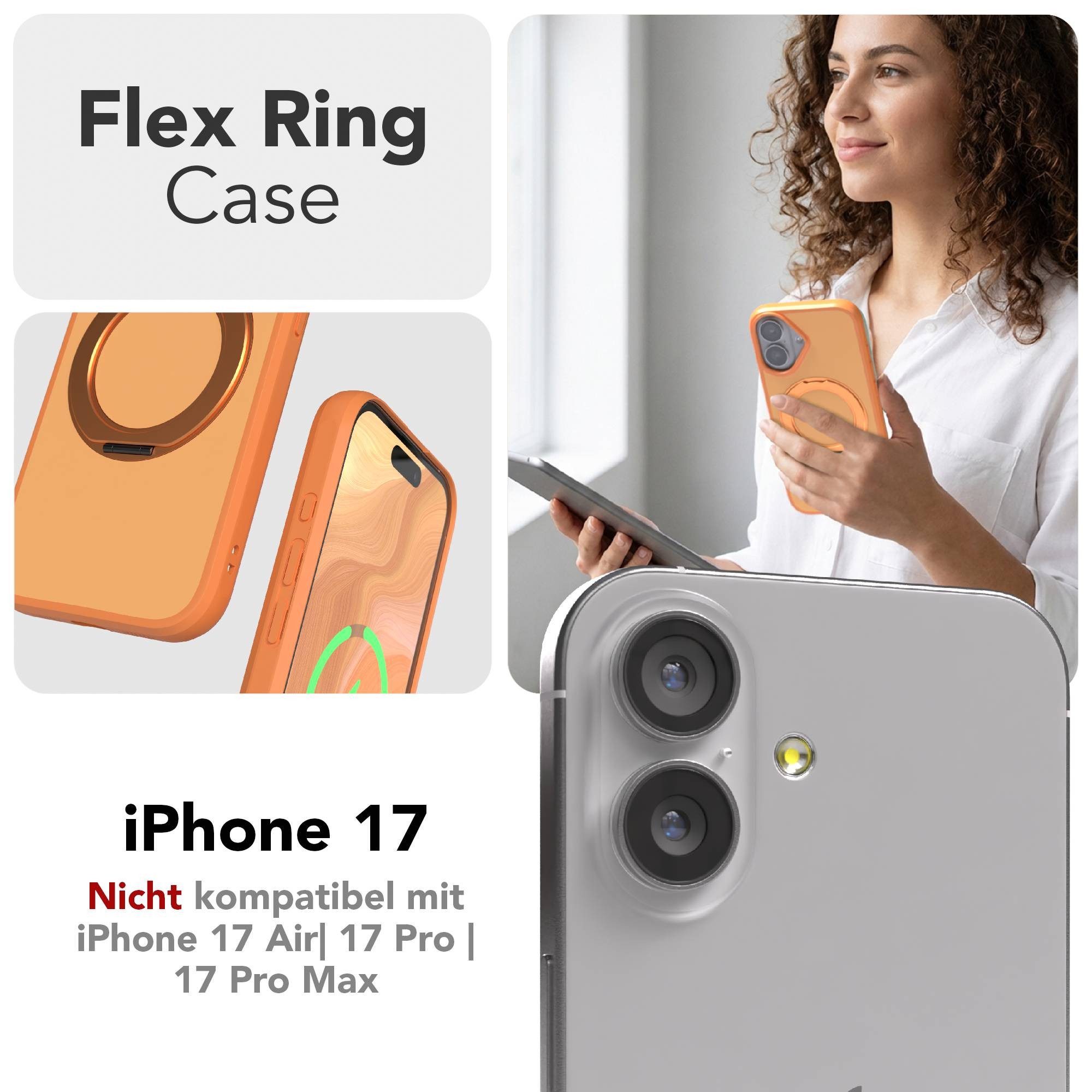EAZY CASE Handyhülle Outdoor Apple iPhone 17 Case MagSafe Rotation Ring 6,3 Zoll, Slimcover Handyhülle Outdoor zum Aufstellen mit Ring modern in Orange