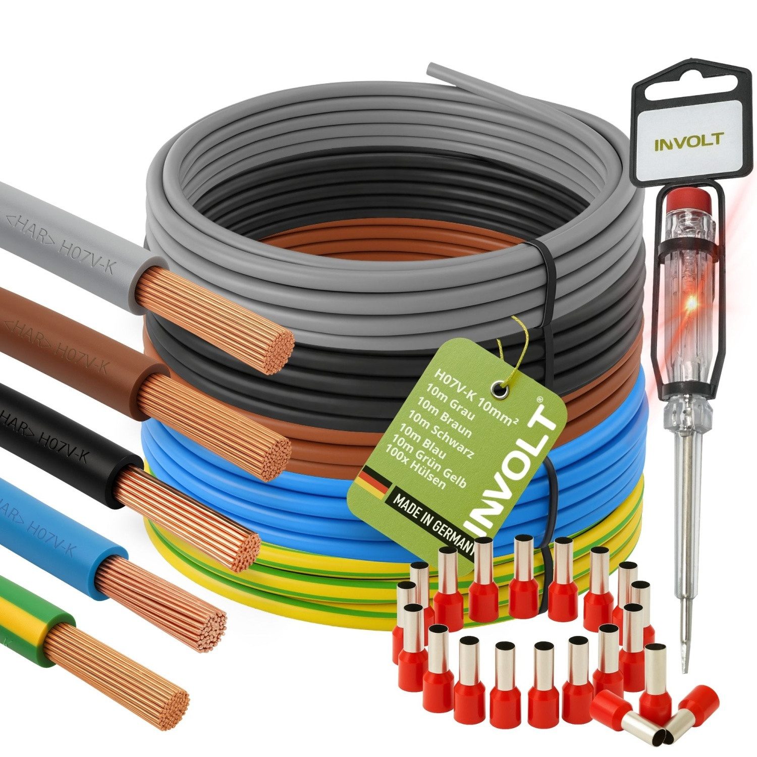 INVOLT H07V-K 10 mm² Verdrahtungsleitung Set, 5x Einzelader + Zubehör Stromkabel