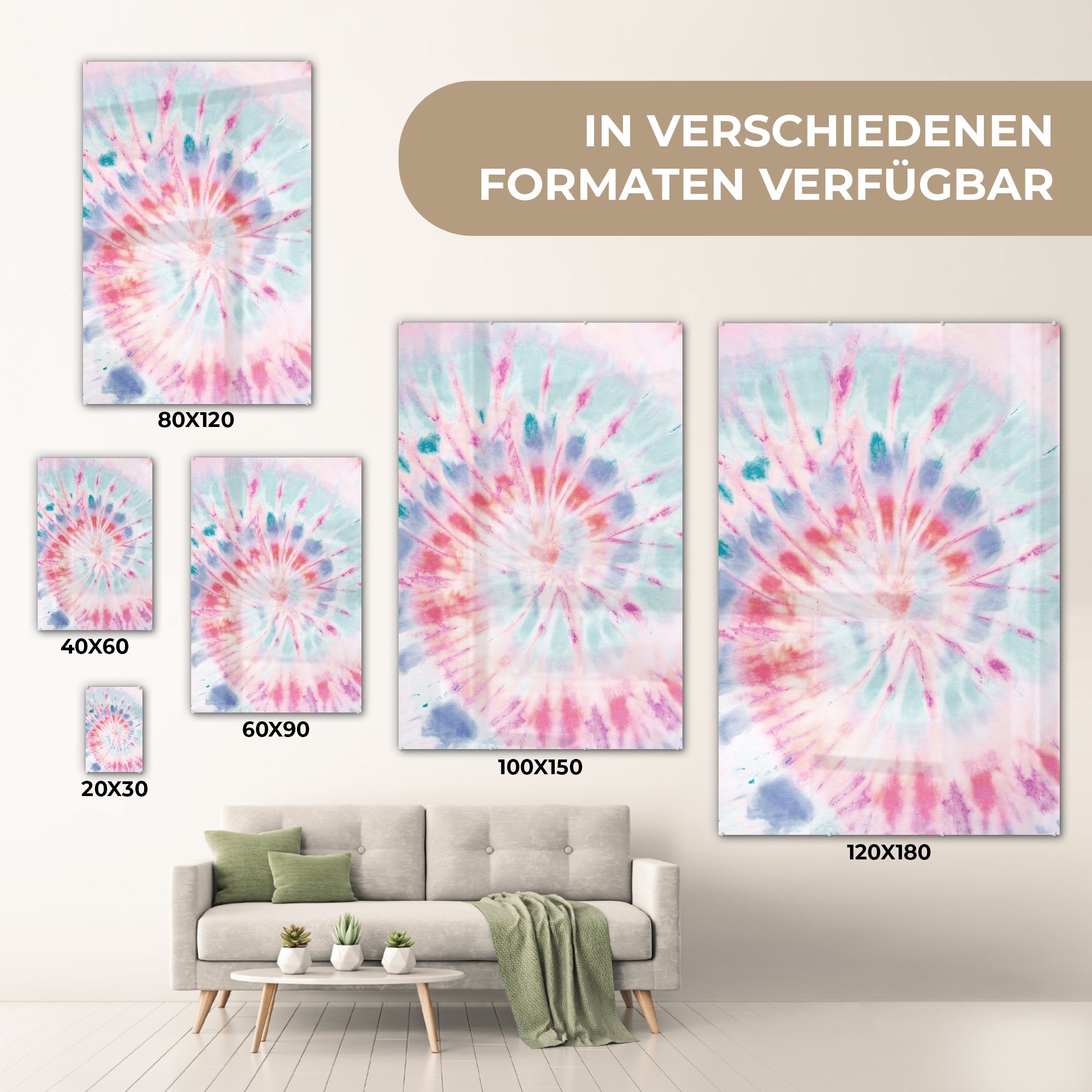 MuchoWow Acrylglasbild Krawattenfärbung - Blau Bilder - - Glasbilder - auf Rosa, auf Wanddekoration (1 St), - Wandbild Glas Foto Glas