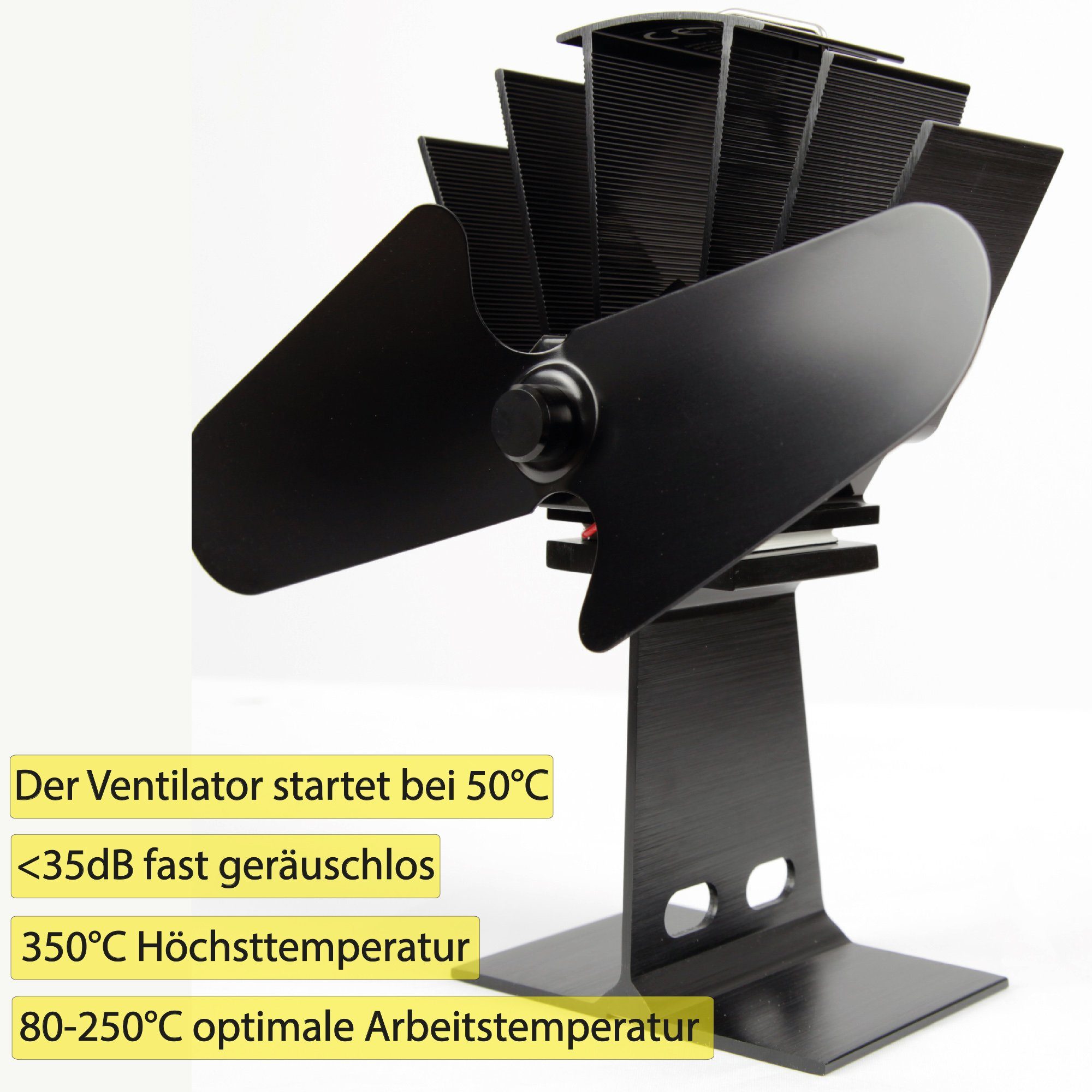 Bestlivings Tischventilator für den Ofen ohne Strom, Aluminium, Schneller Automatikstart ab 50 °C, leise (35dB)