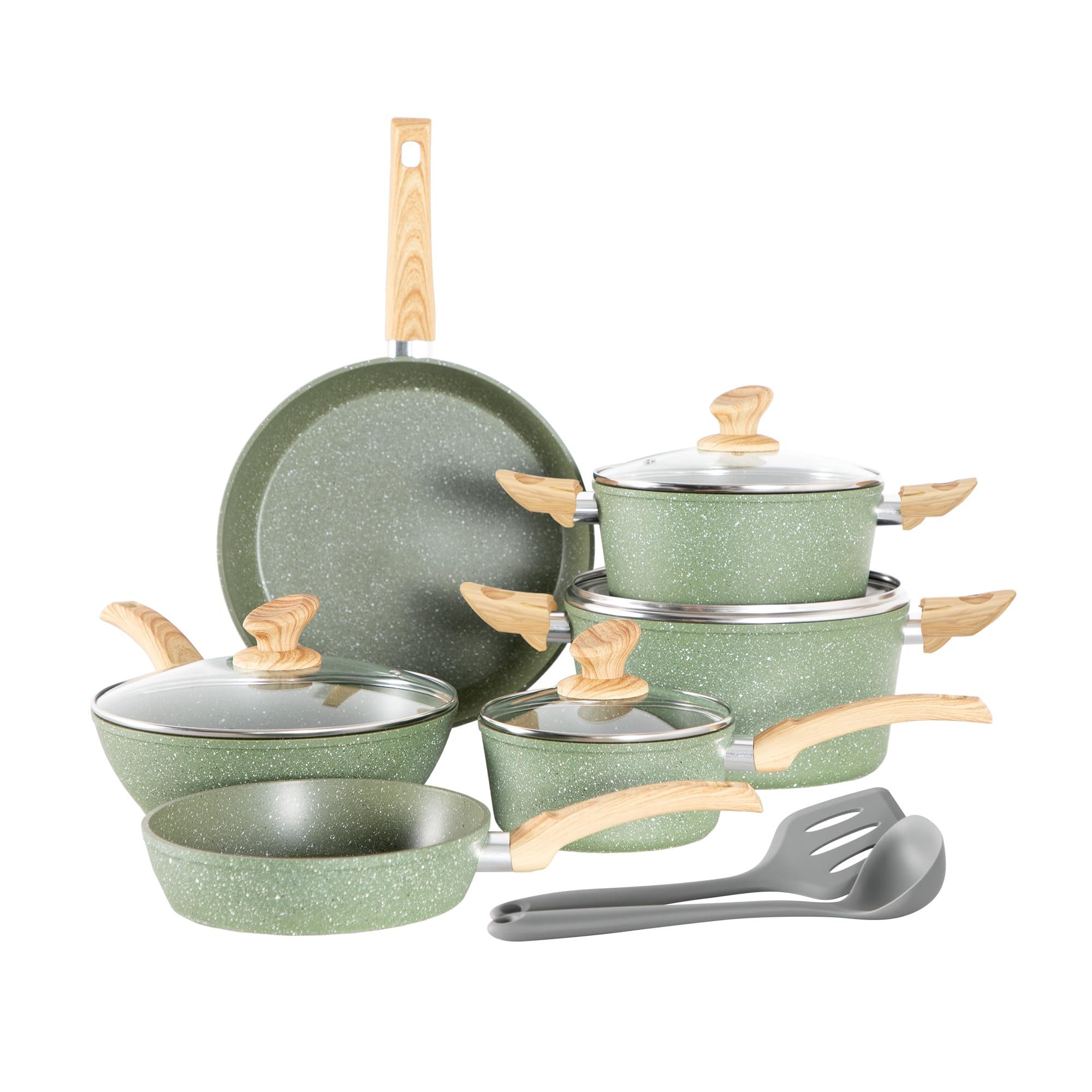 Kitchen Academy Topf-Set, Aluminium, Granit (12-tlg, Pfanne 20cm/28cm, Bratpfanne mit Deckel 24cm, Stielkasserolle mit Deckel 17cm/20cm/24cm, 2 Silikonspatel), Induktion Töpfe Set 12-teilige Granit Kochtöpfe Set