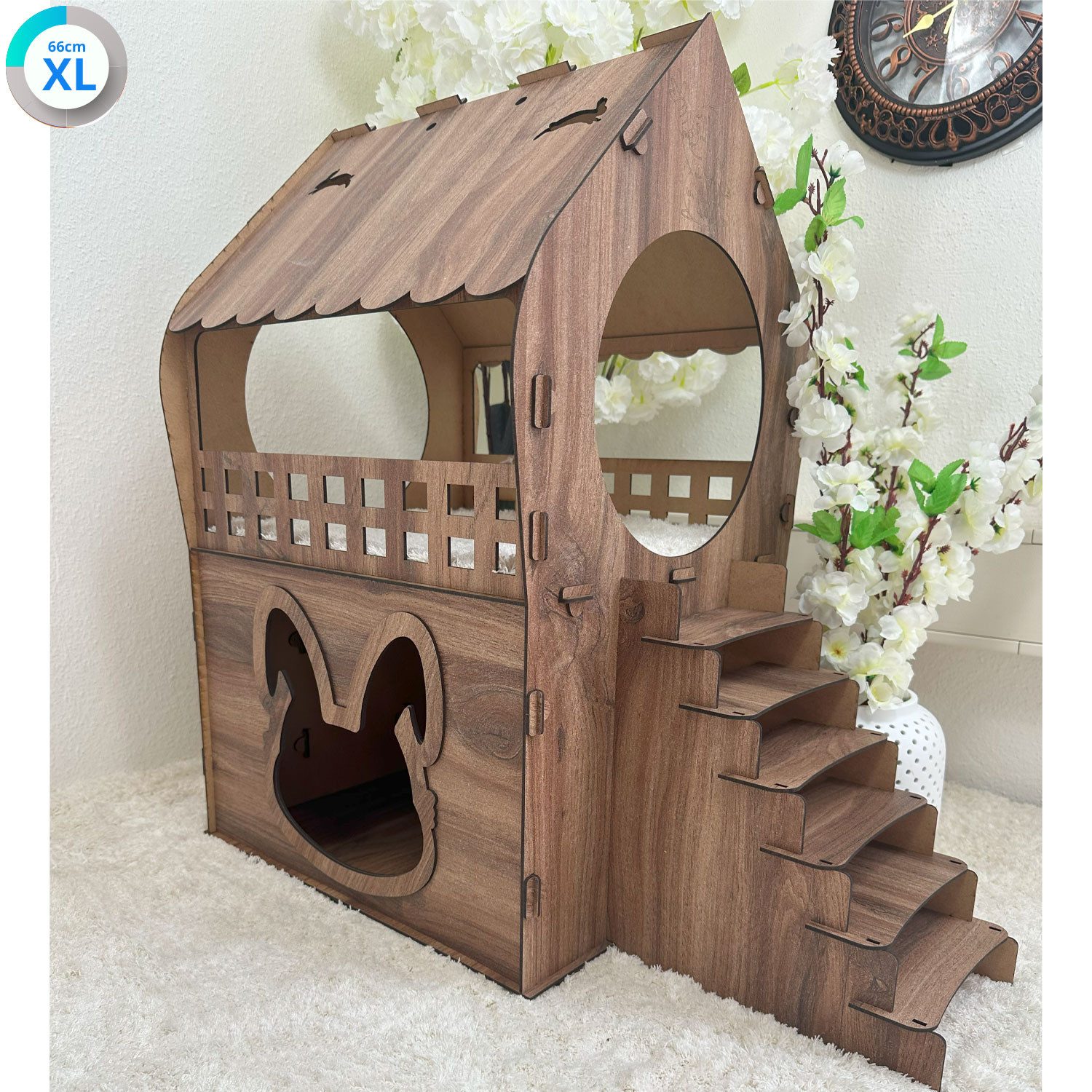 Jungengel Tierhaus Zweistöckiges Kaninchenhaus aus MDF – Braun – in XL, XXL, 3XL, Zwei Etagen, MDF-Holzoptik, mit Hasenkonturen, stabil