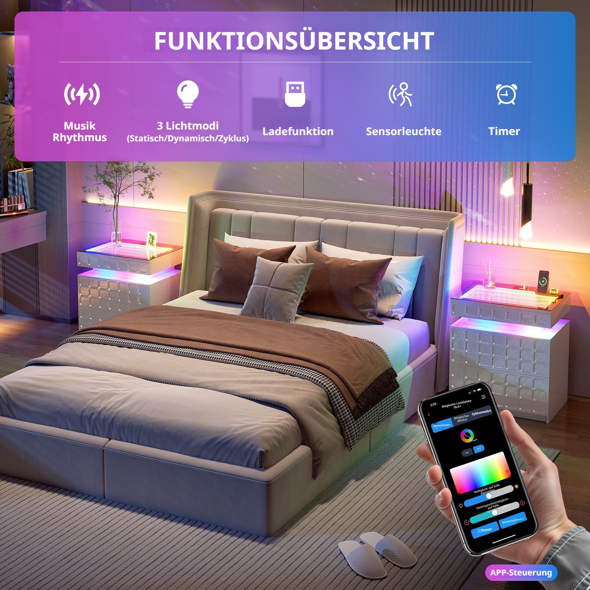 LVSOMT Nachttisch mit Ladestation und RGB, verstecktem Stauraum (1-St), 50×40×59.9cm, weiß – Bild 3 von 5