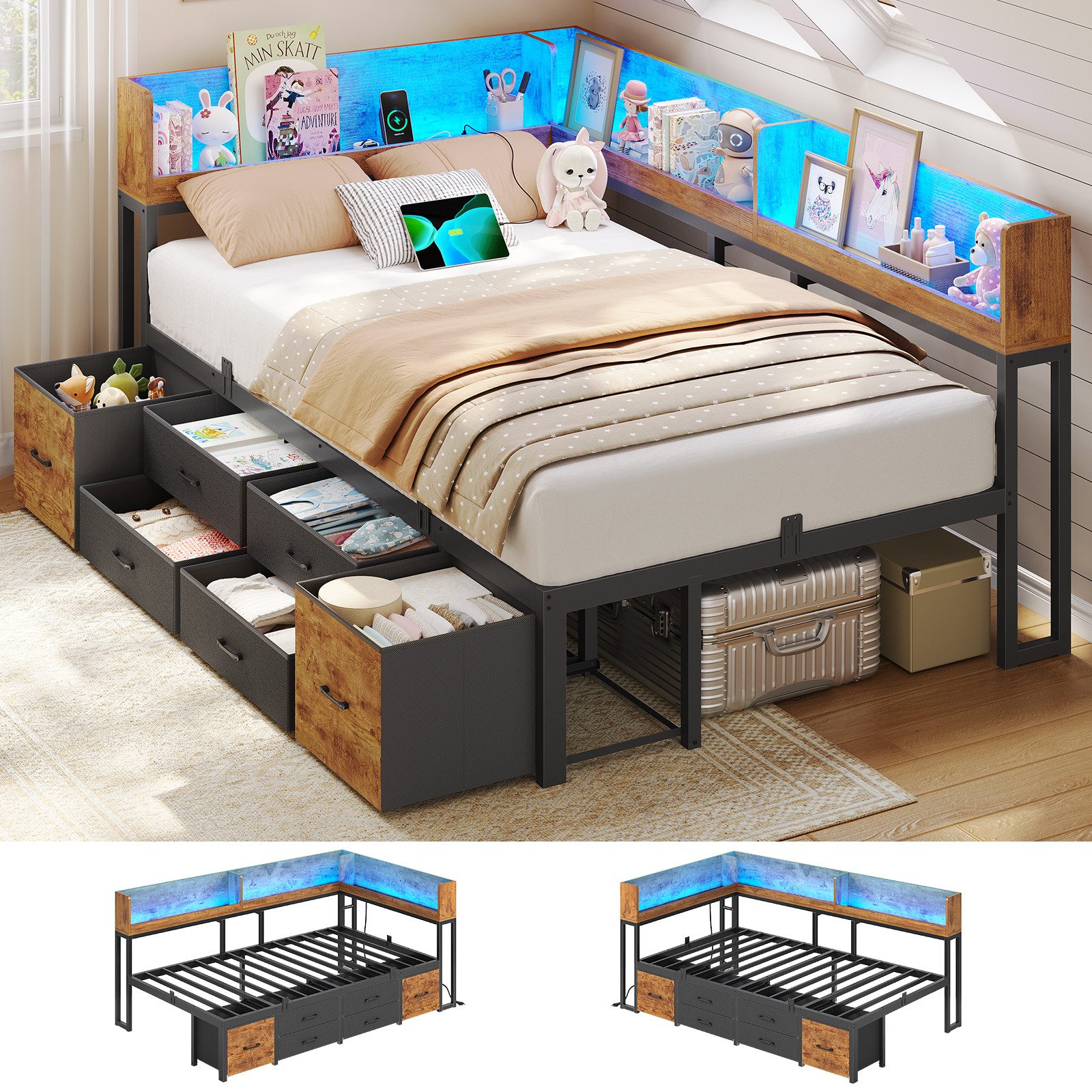 MSMASK Daybett Schlafsofa mit LED-Beleuchtung & Ladestation, Jugendbett Kinderbett, mit Integriertem Bücherregal & 6 Schubladen, 90x200cm