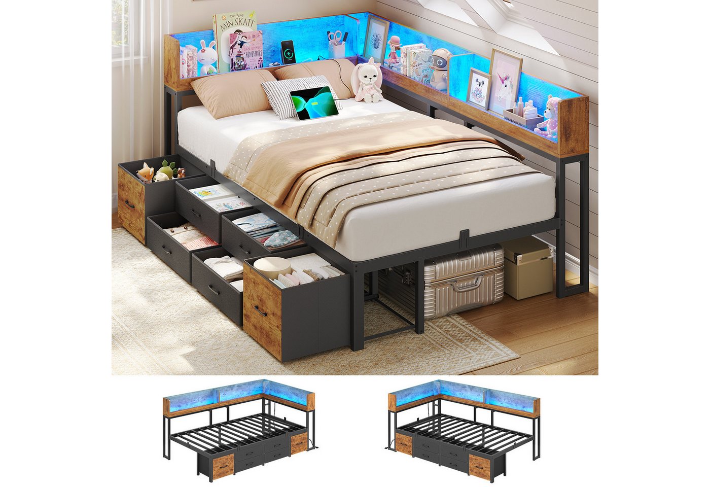 MSMASK Daybett Schlafsofa mit LED-Beleuchtung & Ladestation, Jugendbett Kinderbett, mit Integriertem Bücherregal & 6 Schubladen, 90x190cm