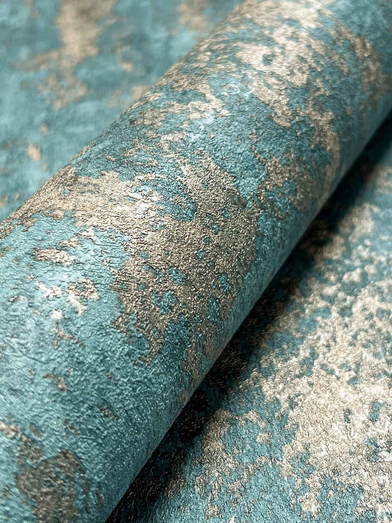 Newroom Vliestapete, Türkis Tapete Industrial Beton - Glanz Glamour Blau Gold Loft Modern Zement Putz für Büro Diele/Flur Schlafen