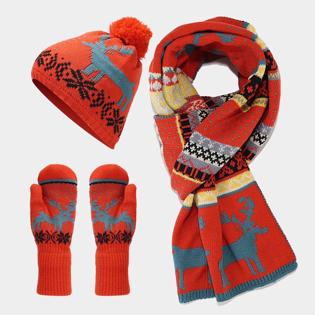 AUKUU Schal Strickmütze Weihnachtsmütze, Schal und Handschuhe, dreiteiliger, (warmer Elchanzug (3-St) Orange Rot