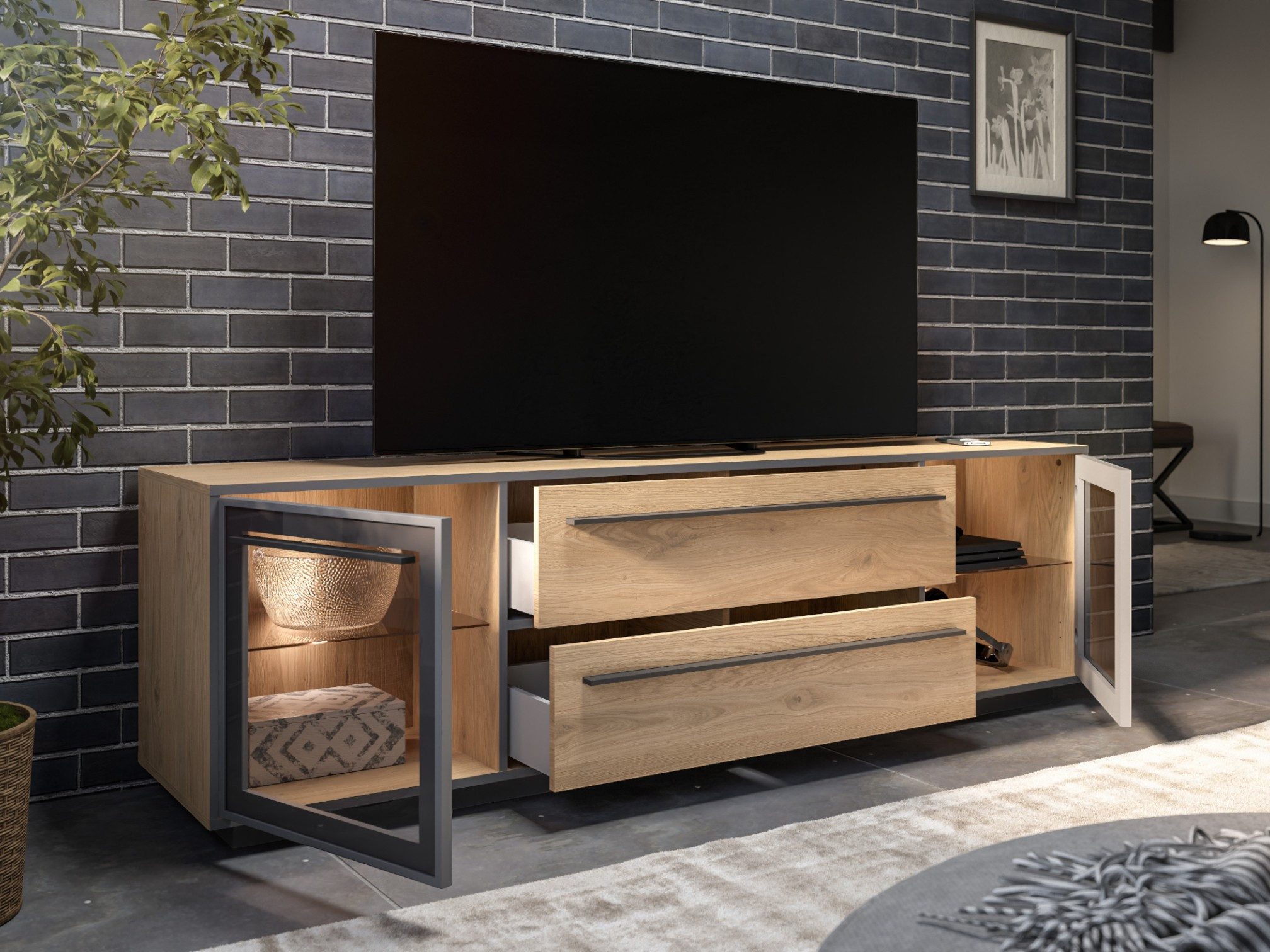 moebel-dich-auf Wohnwand NARDO, (Wildeiche / Absetzung: Anthrazit, 1-St., Verschiedene Board-Sets), Braunglas, Softclose, inkl. LED-Beleuchtung