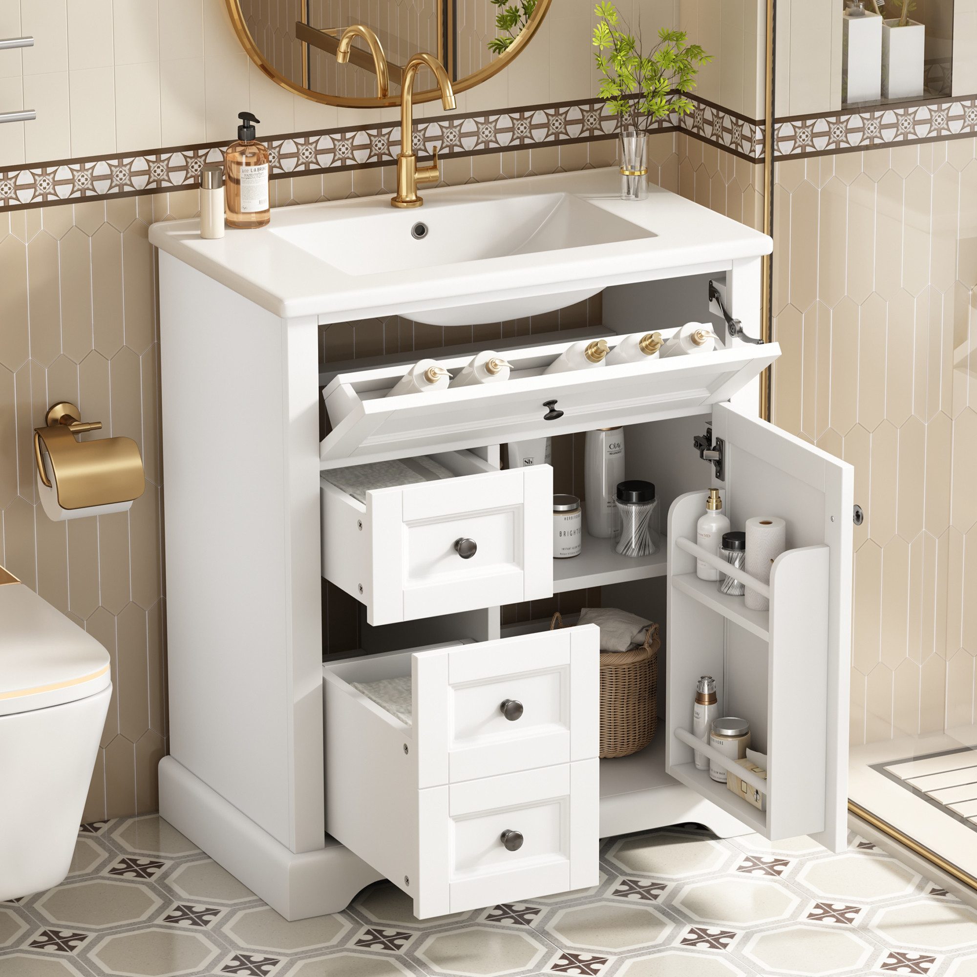 Flieks Waschtisch Waschbeckenunterschrank mit Waschbecken, 2 Schublade, Türregal (B76/T46/H87 cm, Soft-Close-Schubladenführungen, 1-St., bodenstehend, Badschrank mit verstellbare Einlegeböden), Badezimmerschrank mit Waschbecken Badmöbel in Breite 76 cm