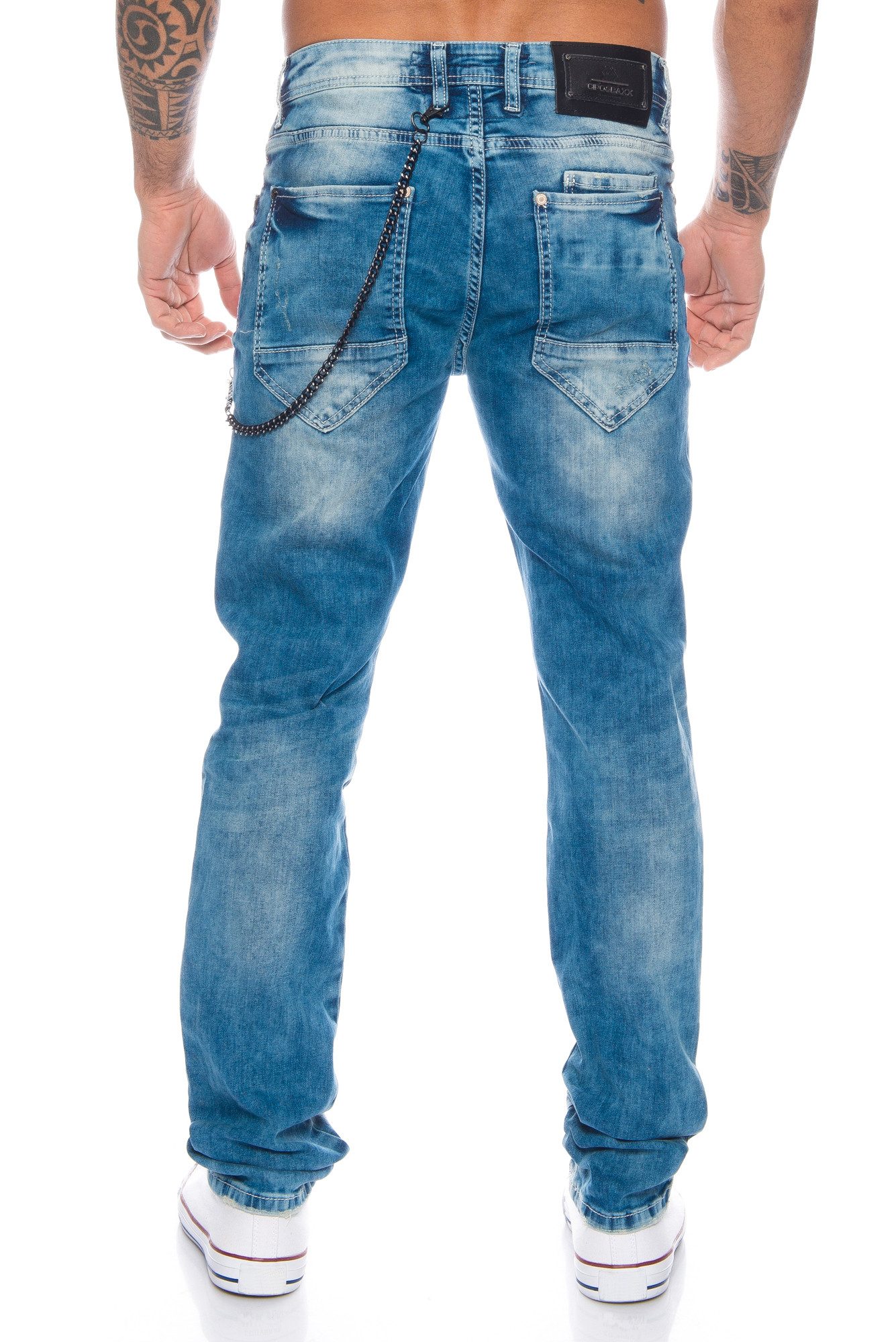 Cipo & Baxx Slim-fit-Jeans Herren Destroyed Jeans Hose inklusive Schlüsselband