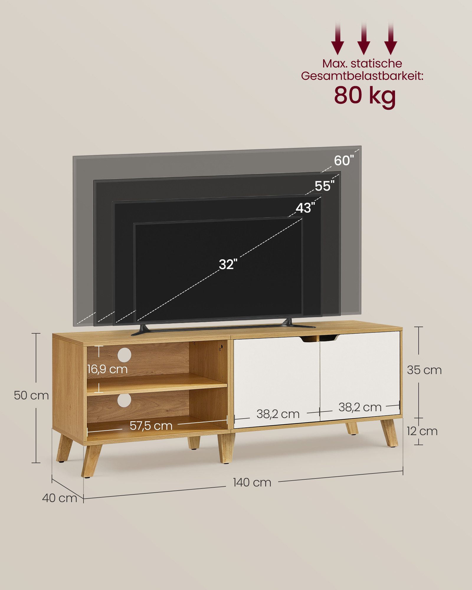 VASAGLE Lowboard TV-Schrank mit 2 Türen, verstellbare Ablagen, Fernseher bis zu 60 Zoll – Bild 4 von 5