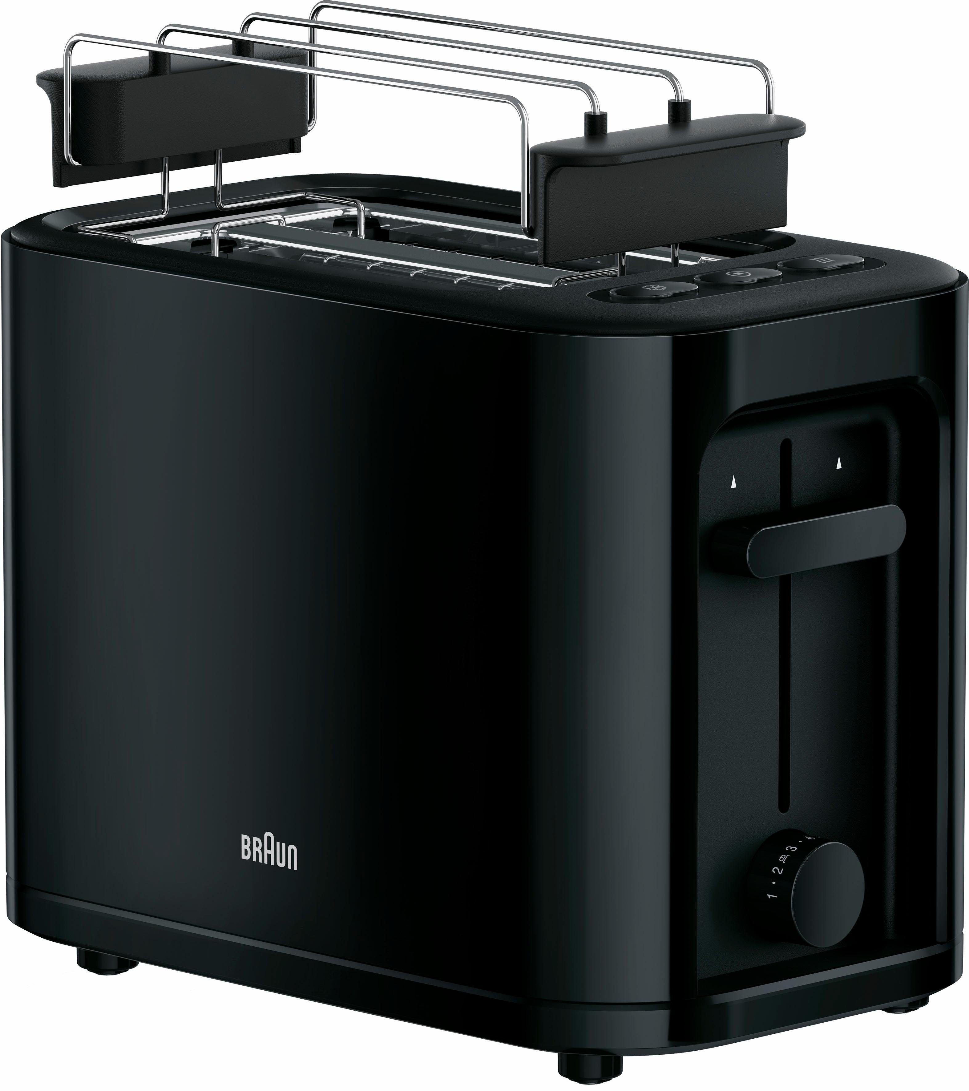 Braun Toaster PurEase HT 3010 BK - 2 Schlitze, 7 Stufen, Auftau- Aufwärmfunktion, 2 kurze Schlitze, für 2 Scheiben, 1000 W, 1.000 W, Kunststoff, Automatische Abschaltung, Brötchenaufsatz