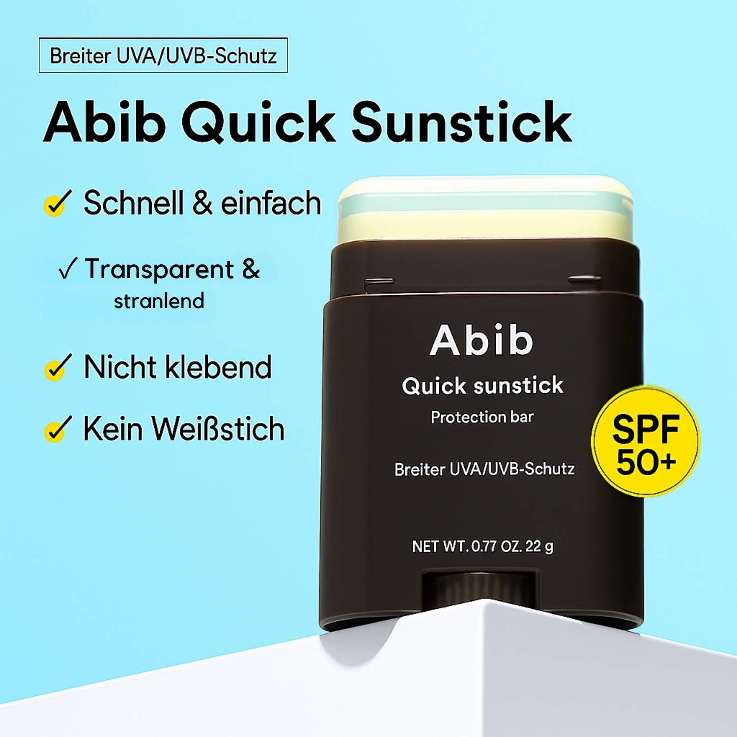Abib Sonnenschutzcreme Quick Sunstick Protection Bar SPF50+ PA++++, Sonnenschutzstift LSF 50, klares Finish ohne weißen Film, Centella Asiatica, & Ceramide NP, feuchtigkeitsspendend, 22 g, – ideal für Gesicht & Körper unterwegs