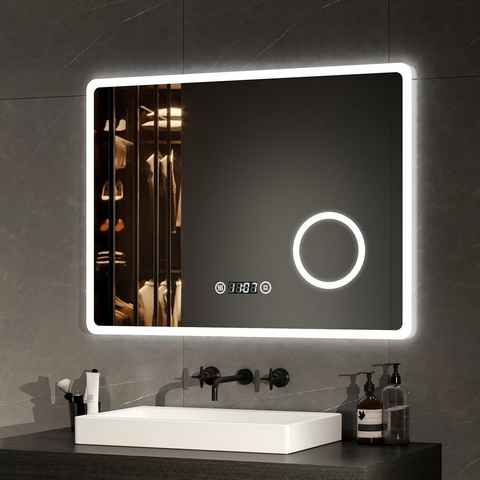 EMKE Badspiegel mit Beleuchtung LED Wandspiegel mit 3-fach Vergrößerung, Touchschalter, Beschlagfrei, Uhr, Kaltweißlicht (Modell M)