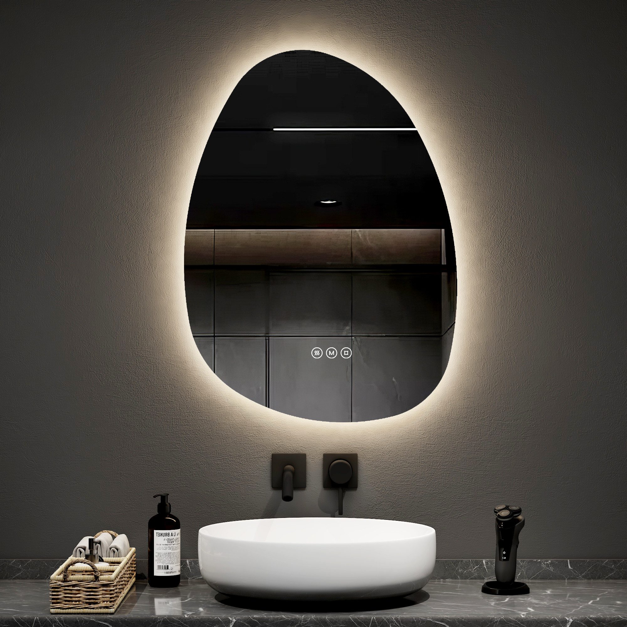 EMKE Badspiegel LED Badezimmerspiegel Asymmetrisch mit Beleuchtung und 3 Lichtfarben (Kieselsteinform), Memory-Funktion, einstellbare Helligkeit Antibeschlag IP44, 45 x 65 cm