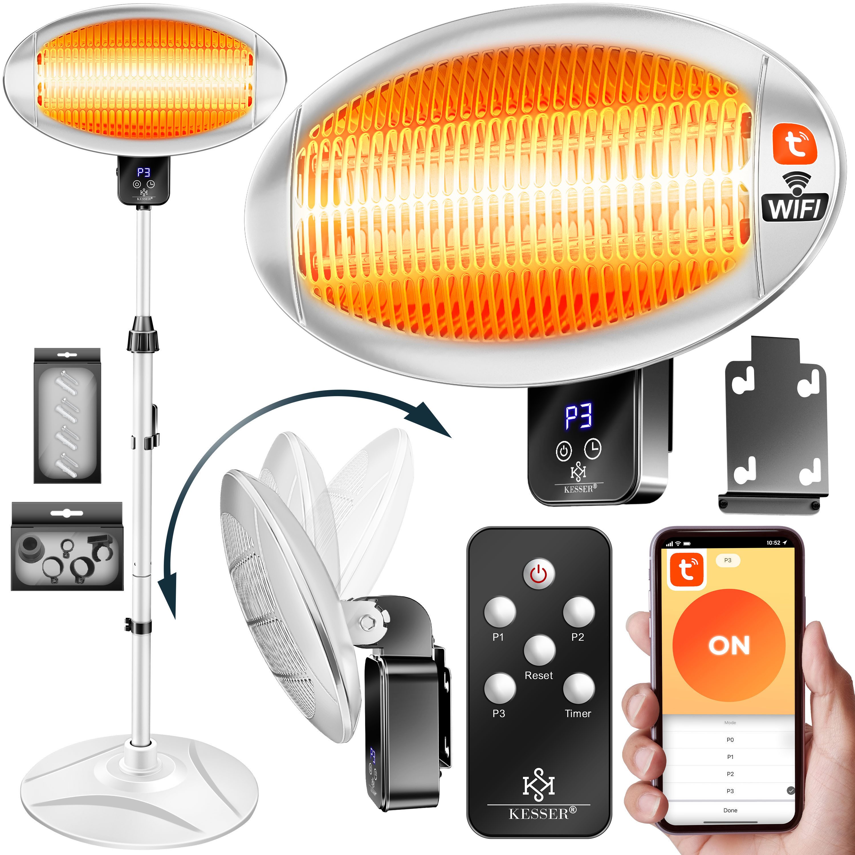 KESSER Heizstrahler Infrarot Terrassenstrahler Stand- & Wandmontage, höhenverstellbar, Wärmestrahler drehbar IPX4 spritzwassergeschützt, WLAN & Fernbedienung