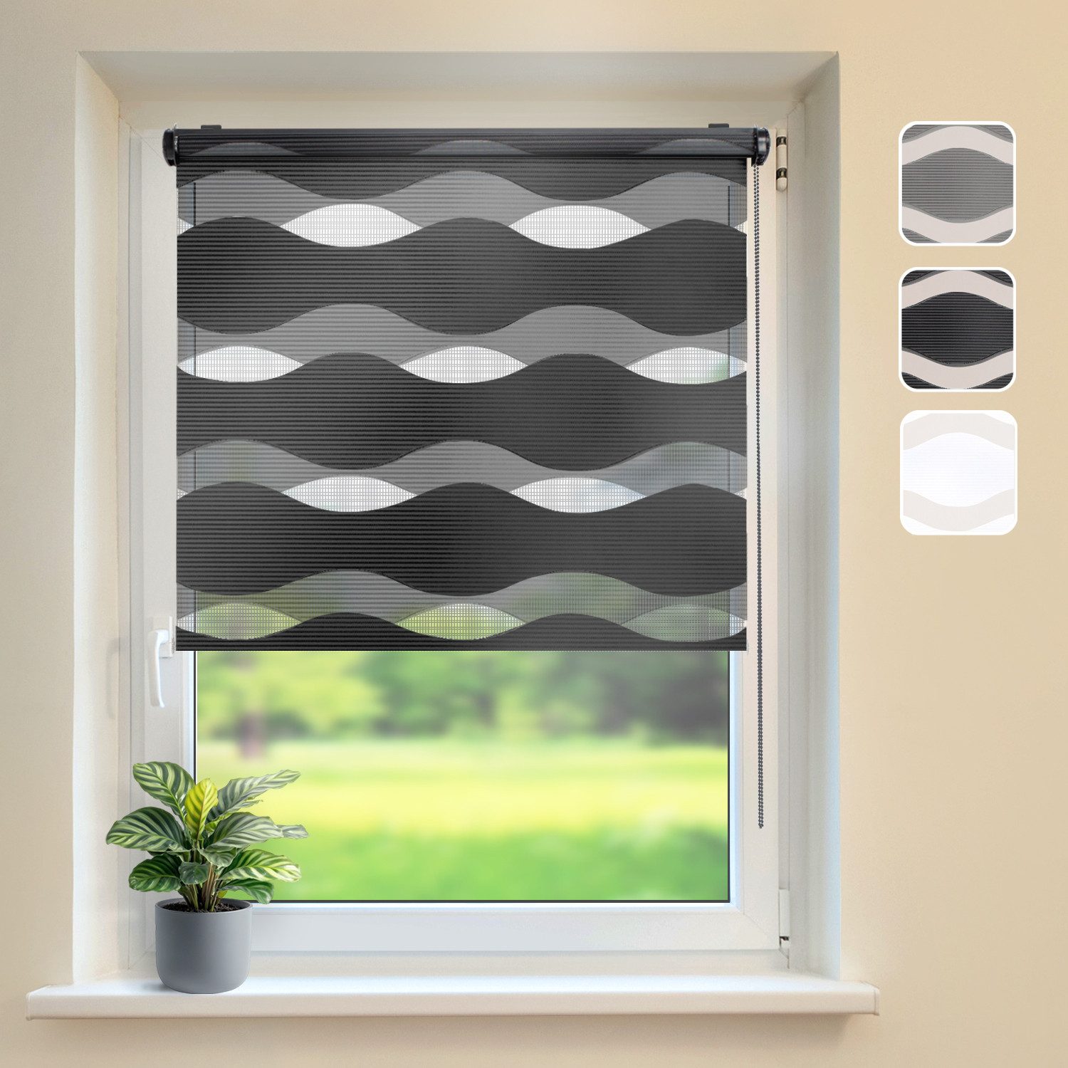 Doppelrollo Klemmfix "Wave", Schwarz 65x215 cm Duo-Rollo ohne Bohren, DomDeco, Klemmbar, Kettenzug, ohne Bohren, Sicht- und Blendschutz