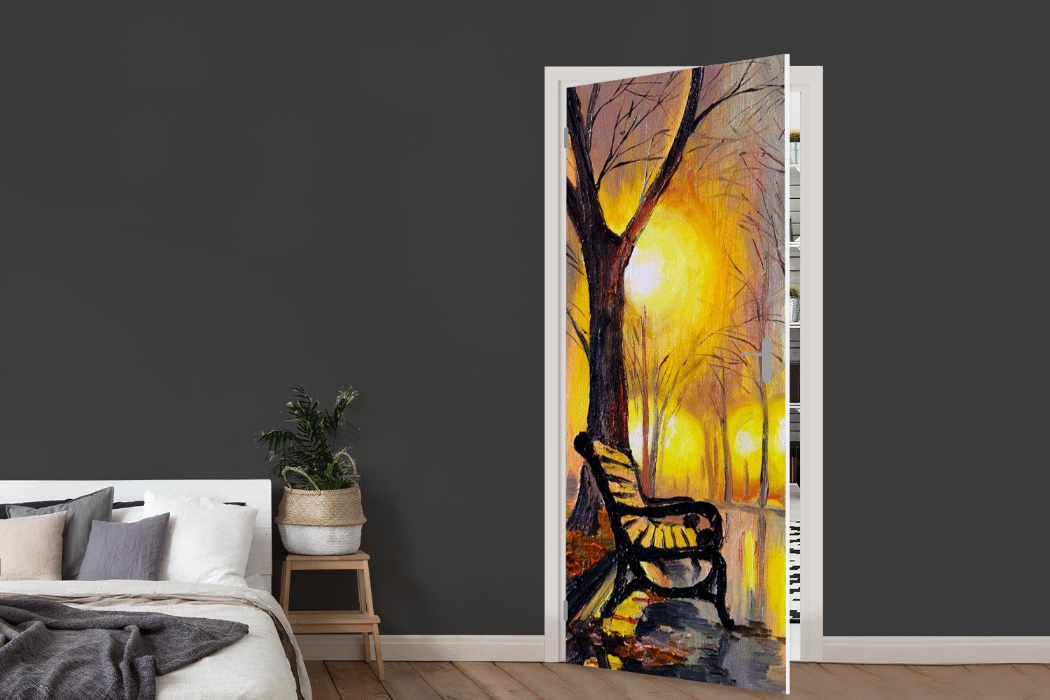 Öl, bedruckt, Fototapete - für MuchoWow Türaufkleber, St), - Malerei cm Tür, Bank Türtapete - Licht 75x205 (1 - Matt, Wasser