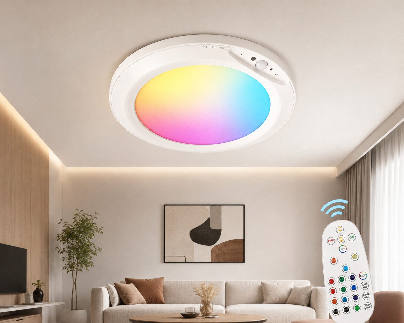 ibettertec Deckenleuchte LED Deckenleuchte Akku RGB Deckenleuchte Flach Rund Ø20CM 4200 mAh, LED fest integriert, mit Bewegungsmelder, 6500K RGB, akku deckenleuchte, deckenlampe ohne bohren, deckenlampe bunt, für Schlafzimmer Küche Keller Balkon Büro Wohnzimmer