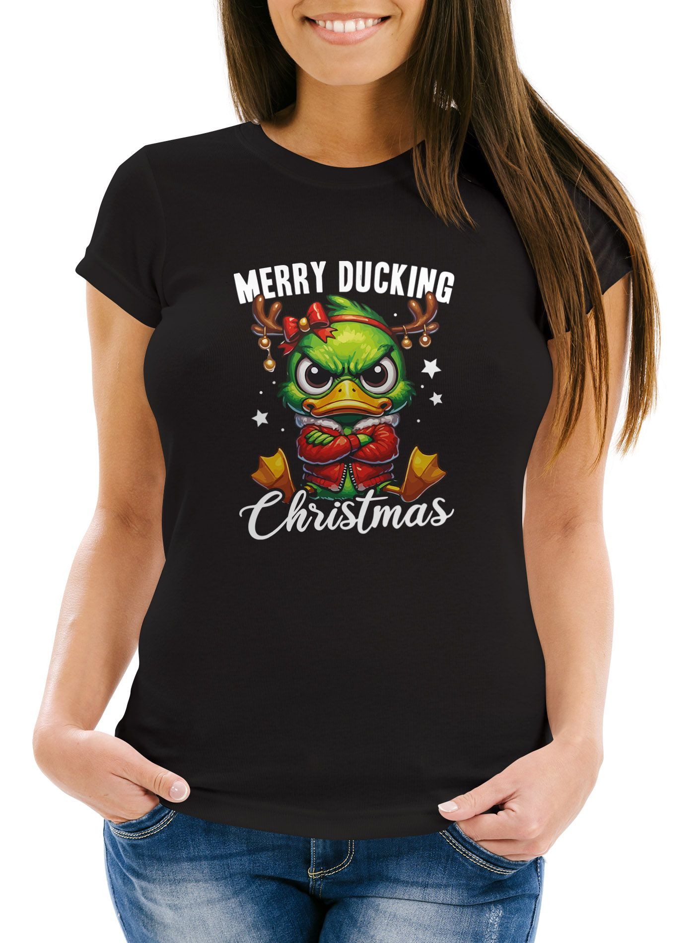 Print-Shirt Weihnachtsshirt Damen Spruch Merry Ducking Christmas T-Shirt