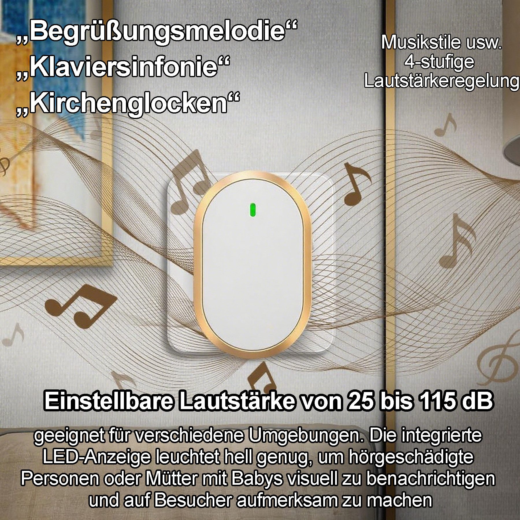 Senmudi Türklingel Funkklingel Set,Steckdosen-Funkklingel,60 Melodien, 4 Lautstärkestufen (wasserdichte drahtlose Türklingel mit LED-Blitz, 300 m Funkreichweite, Plug-in Doorbell), Kabellose Türklingel Batteriebetrieben