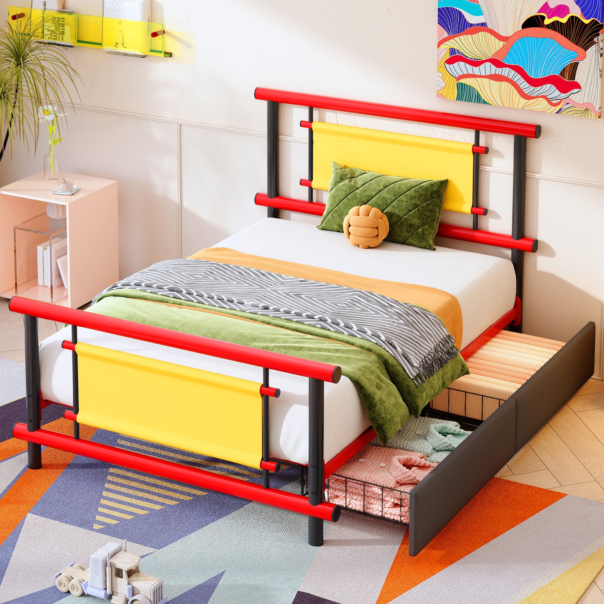 MODFU Kinderbett Funktionsbett mit Schubladen und stabiler Stahlrahmen-Konstruktion (buntes Plattformbett, Jugendbett Metallbett 90x200cm), Inklusive Matratze
