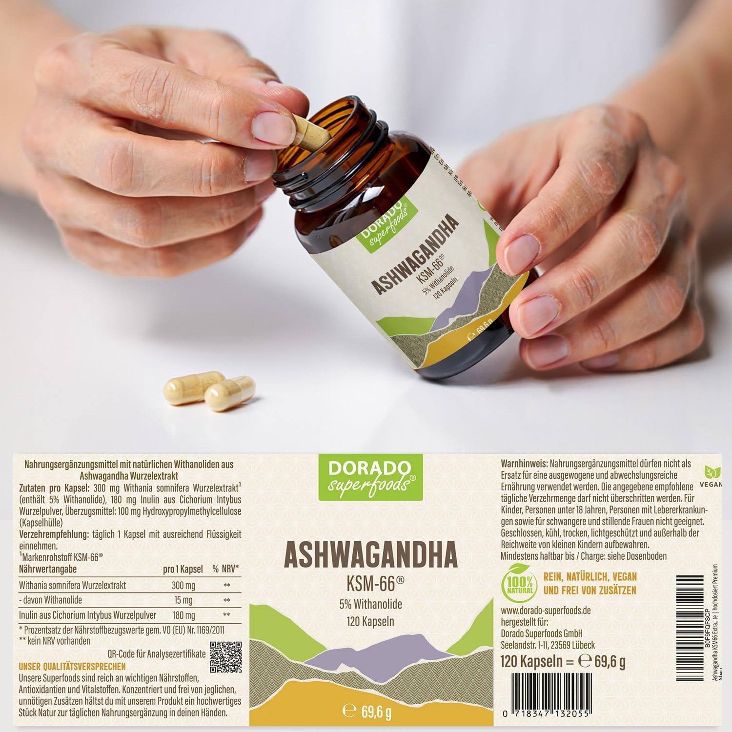 Dorado Superfoods Ashwagandha KSM66 Extrakt Kapseln - 120 x Stück, 5% Withanolide Kapseln, 120 St., 69.6 g