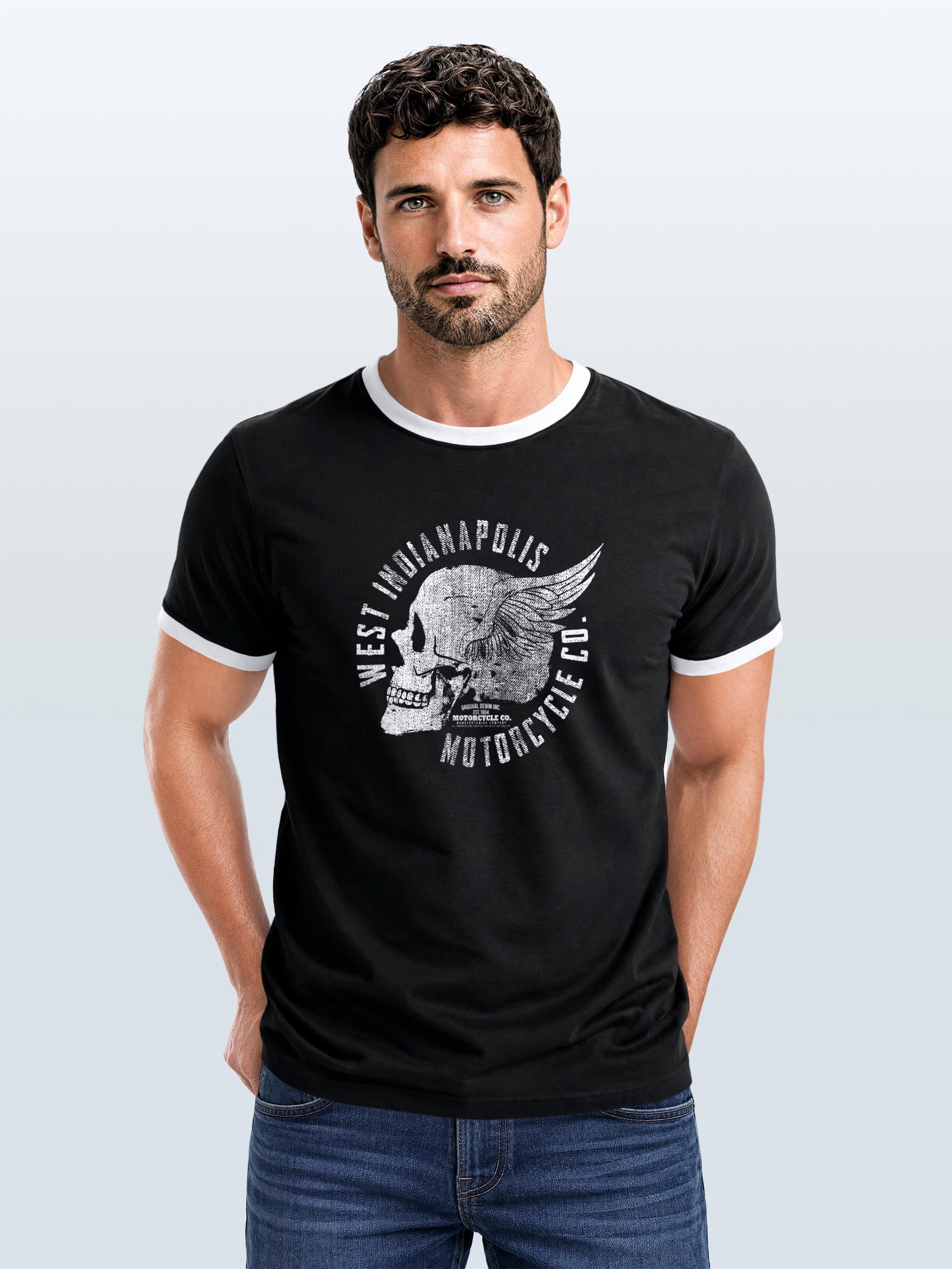 Neverless Print-Shirt Herren T-Shirt Retro Kontrastbund - Design Motorcycle Skull - mit Print