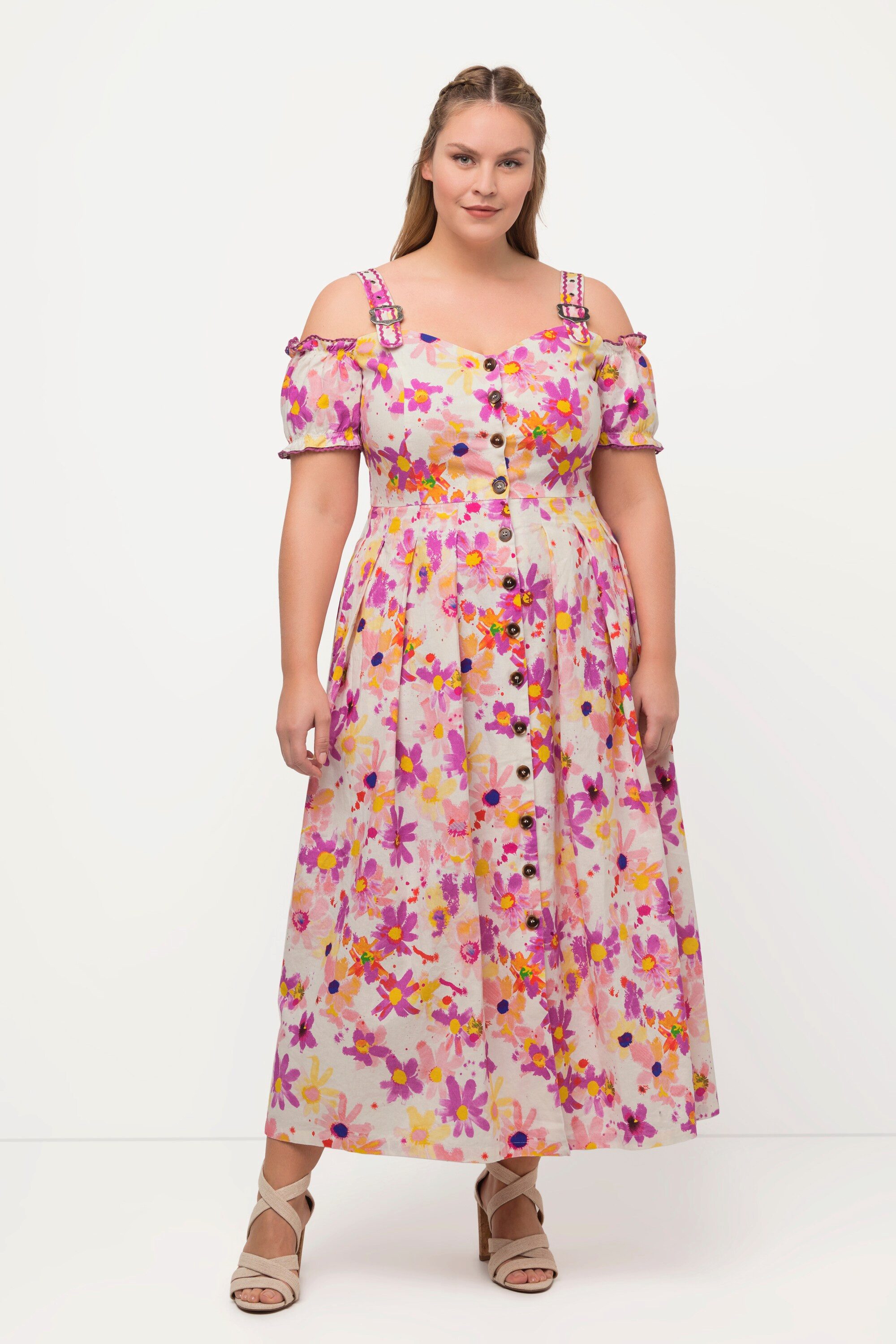 Ulla Popken Dirndl Trachtenkleid Leinenmix Blüten günstig online kaufen