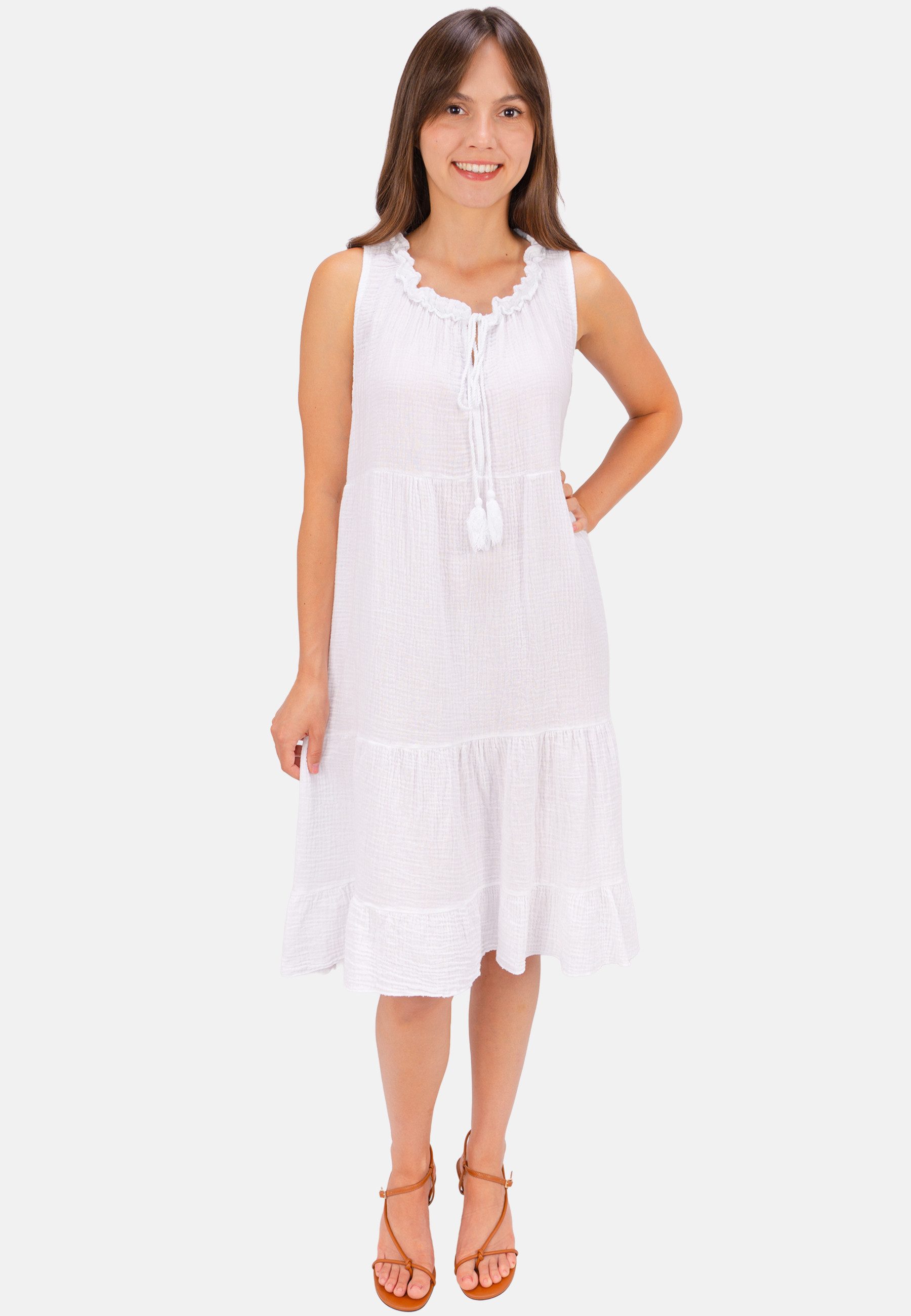 Seasons of April Blusenkleid BUKI MUSSELIN Ärmelloses Damen Musselin Kleid Damenkleid mit Tasseln in Trendfarben