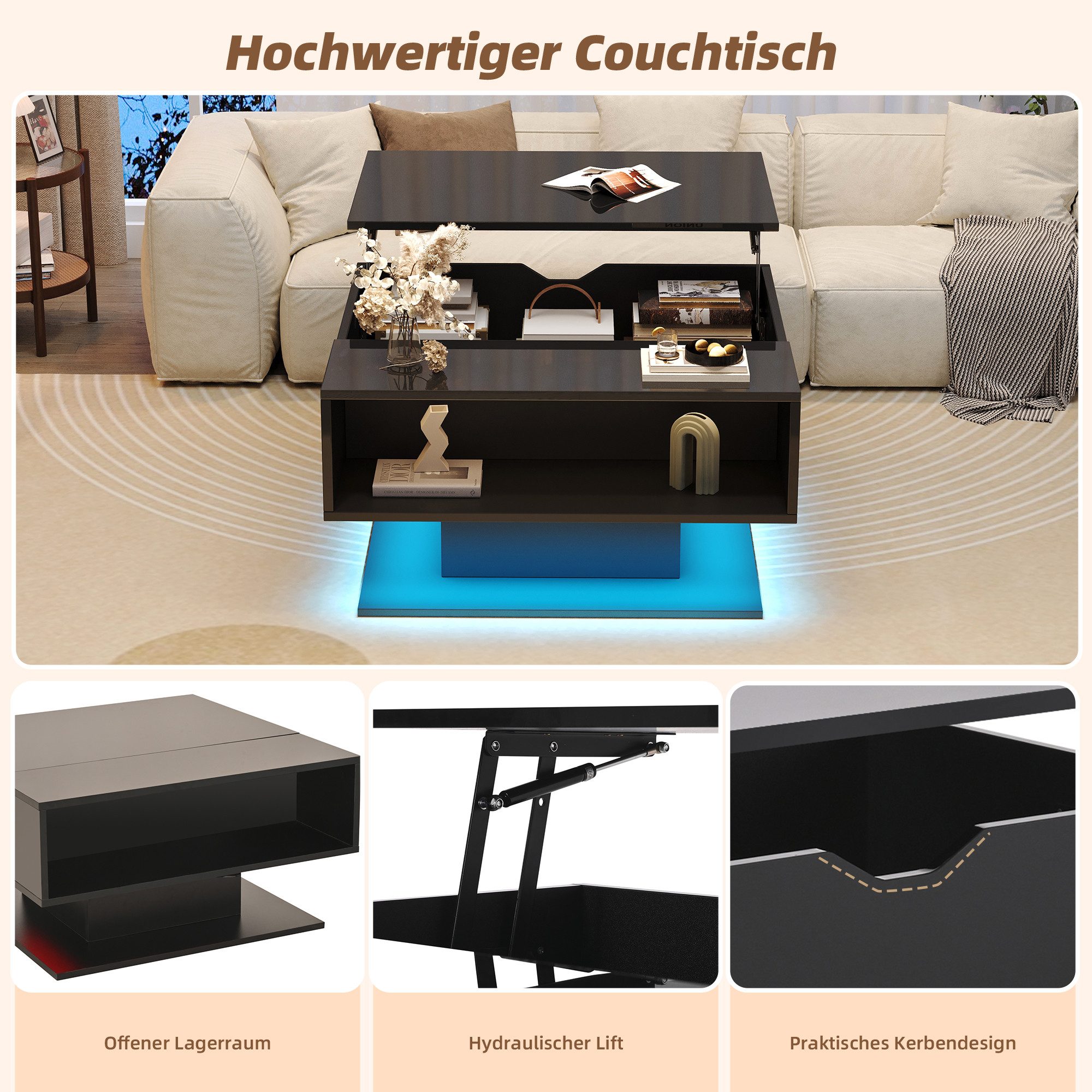 Merax Couchtisch hochglanz Sofatisch anhebbarer Beistelltisch mit LED-Beleuchtung (1-St., 80x75x40 cm), Wohnzimmertisch mit verstecktem Stauraum & halboffenem Regal