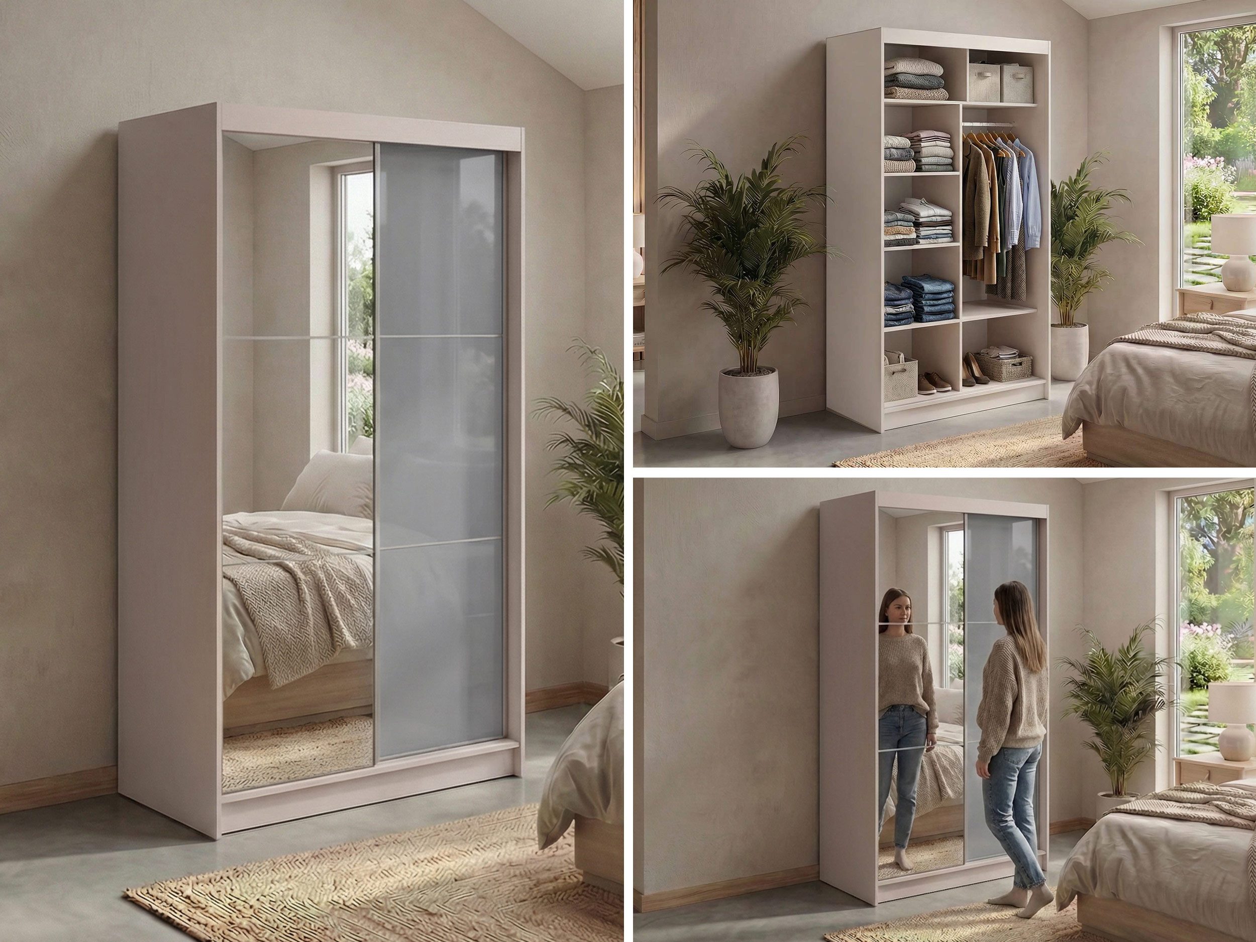 MKS MÖBEL Schiebetürenschrank WALENCJA 120 (Kleiderschrank mit Spiegel und Lacobel, mit Schiebetüren) Kleiderschrank mit Stauraum, 216 cm hoch, 61 cm tiefe