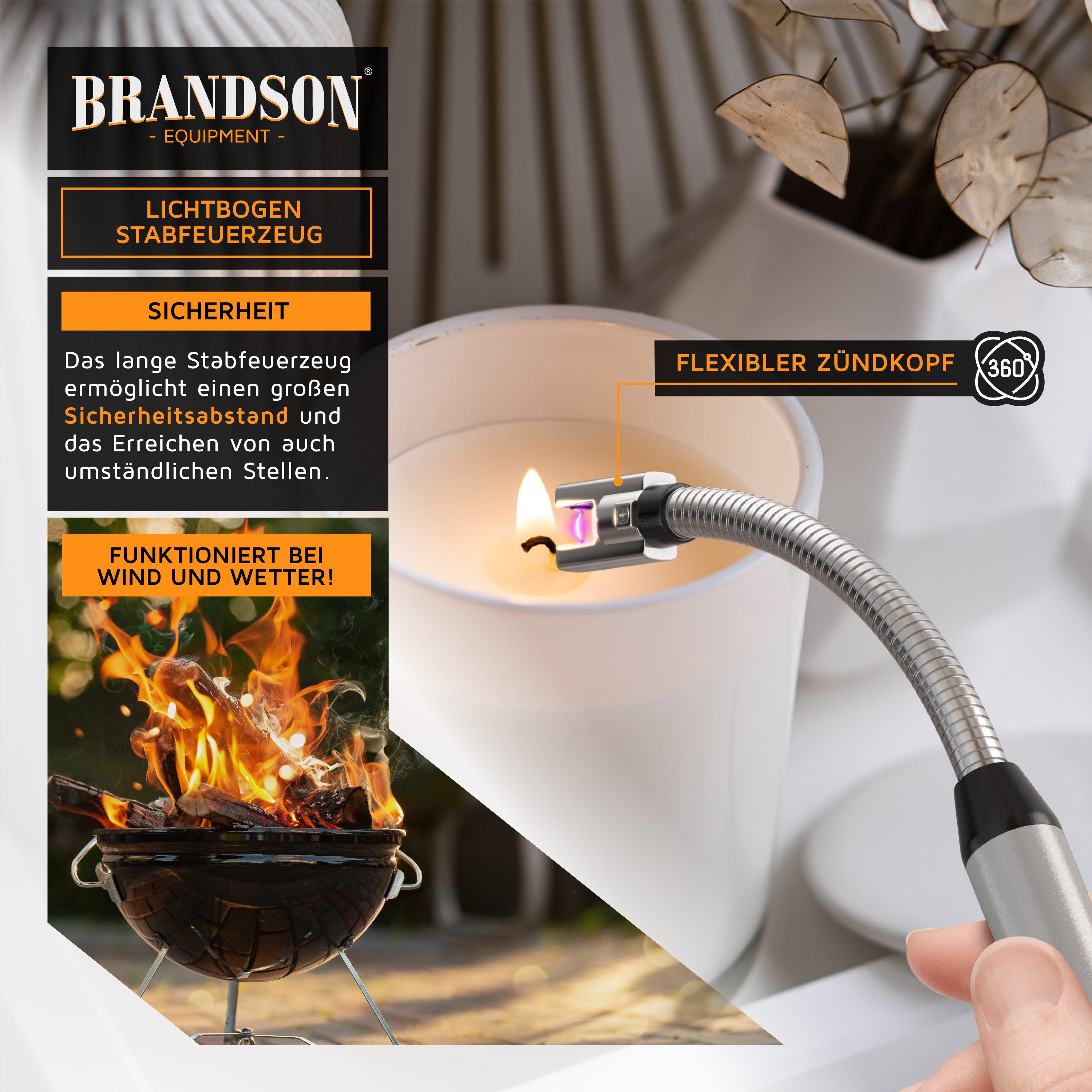 Brandson Feuerzeug elektrisch, Lichtbogen Stabfeuerzeug USB aufladbar, USB-C aufladbar, flexibler Hals für, Kerzen, Gasherde, Grill, Kamin