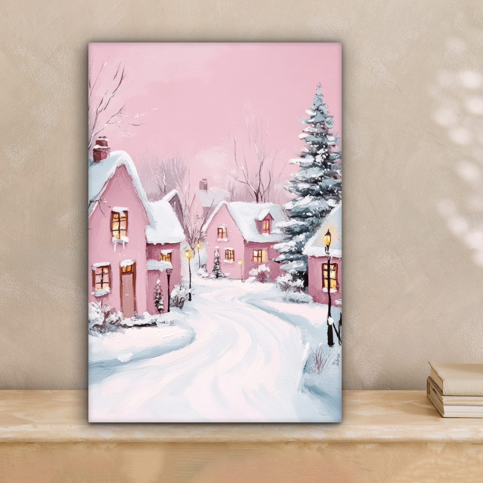 OneMillionCanvasses® Leinwandbild Weihnachtsdorf - Rosa - Winter - Schnee - günstig online kaufen