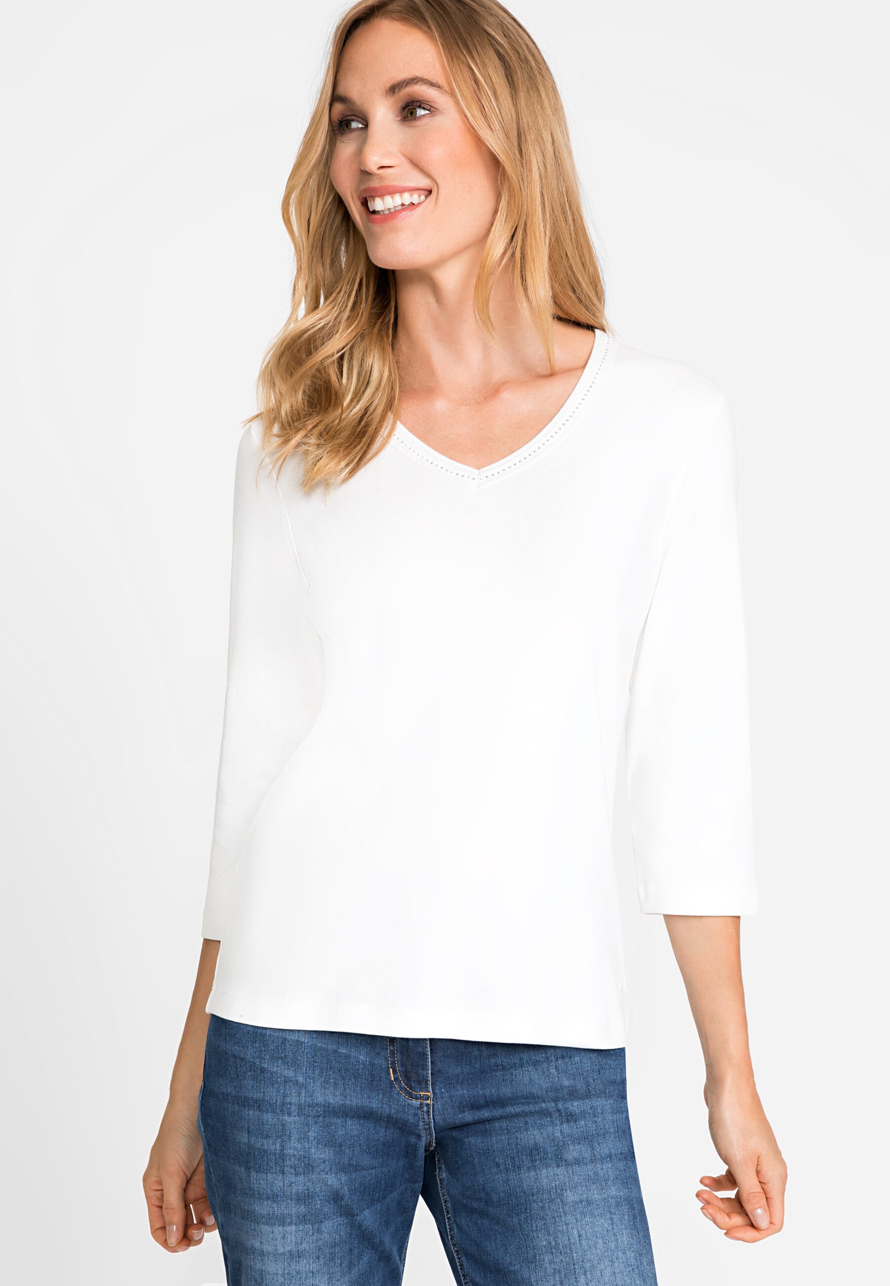 Olsen T-Shirt Shirt mit dekorativen Steinchen am V-Ausschnitt