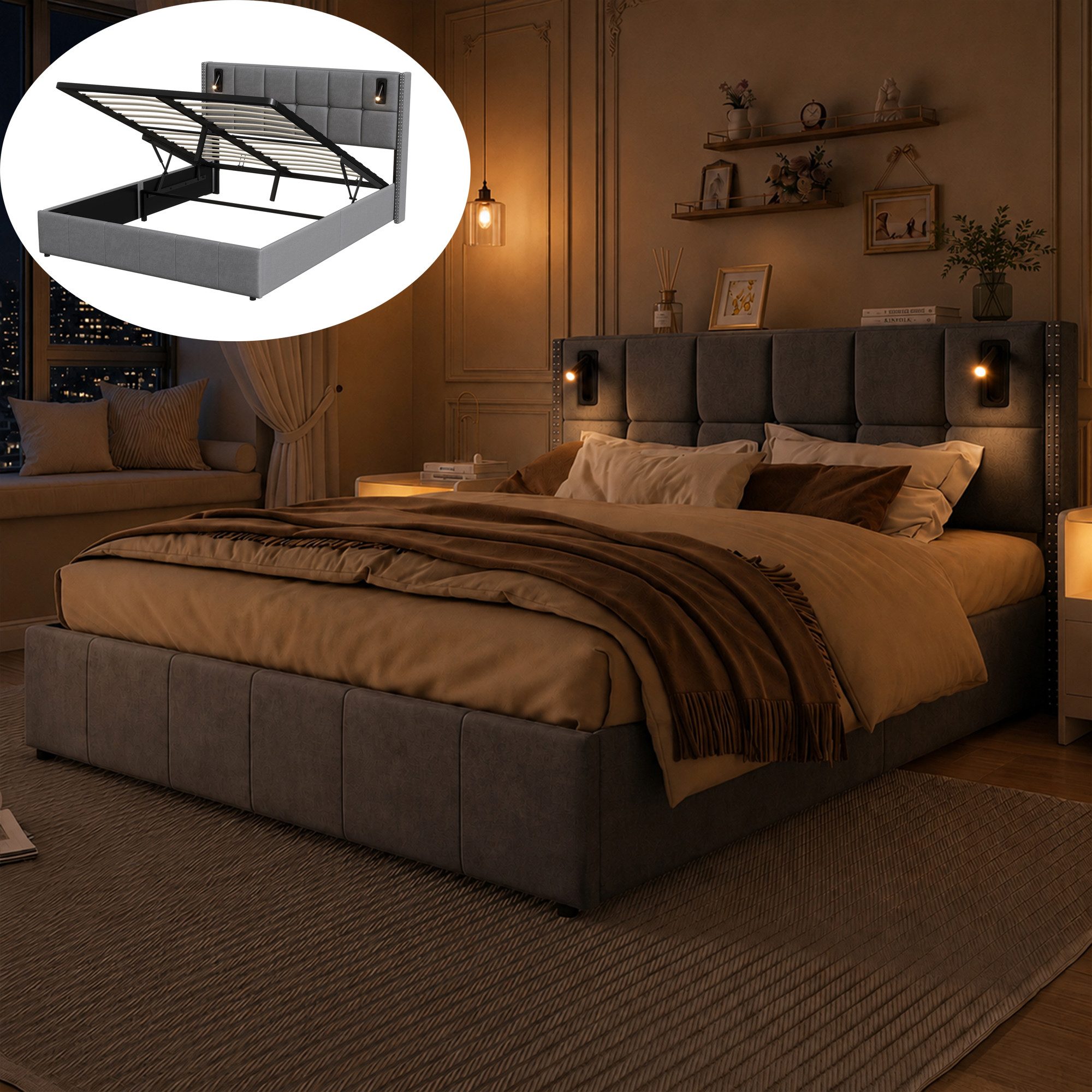 Yelenaro Stauraumbett Polsterbett Doppelbett Mit LED-Leseleuchte (Packung, 1-tlg., Die Leselampe lässt sich um 180° verstellen), 140x200 cm,Hydraulischer Funktion,Kopfteil und Bettgestell,Samt,Grau