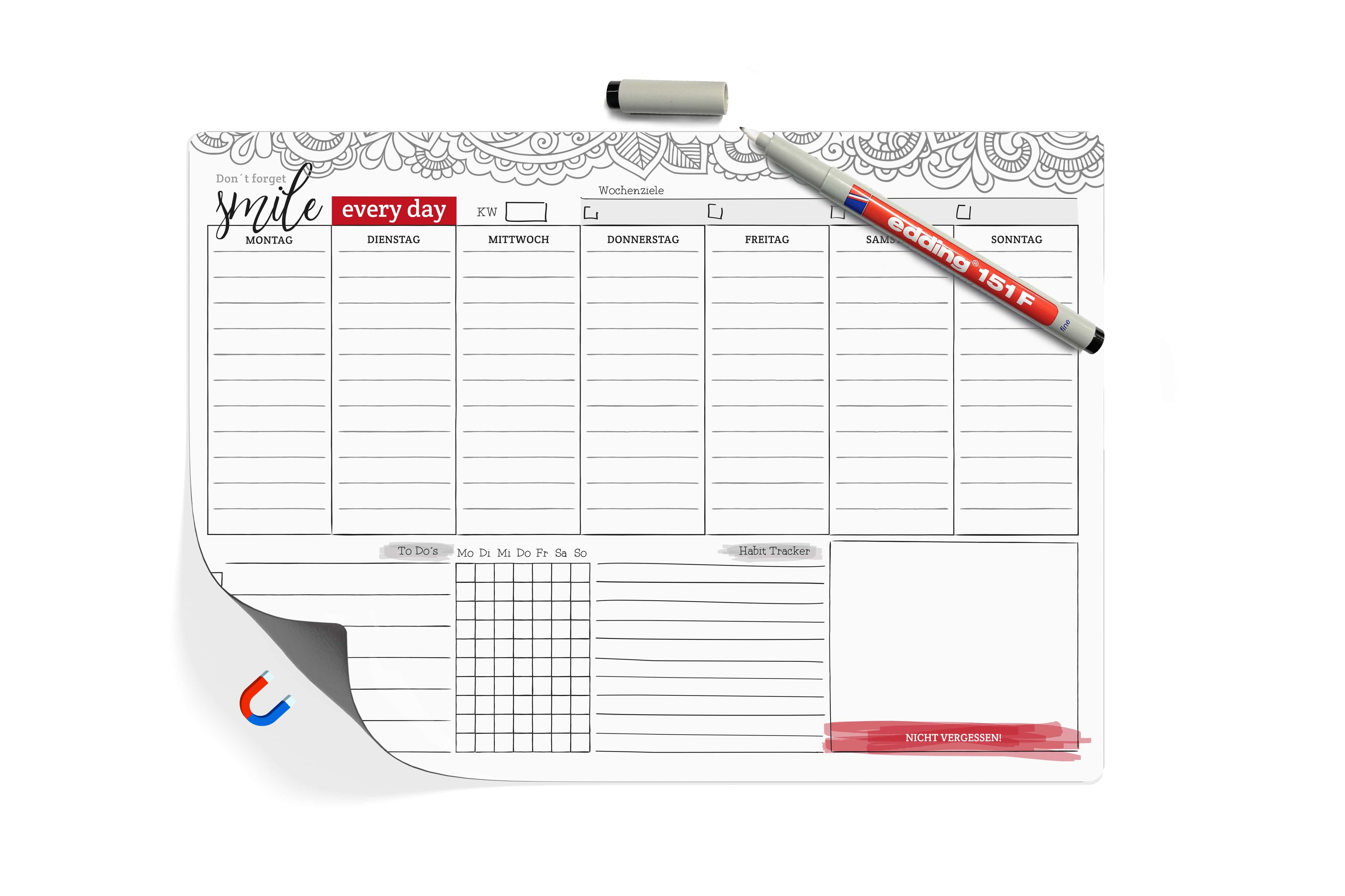 TOBJA Magnettafel Magnetischer Wochenplaner A4 wiederbeschreibbar + Markenstift, Abwischbar mit to-do Liste und Ziele. Wochenkalender